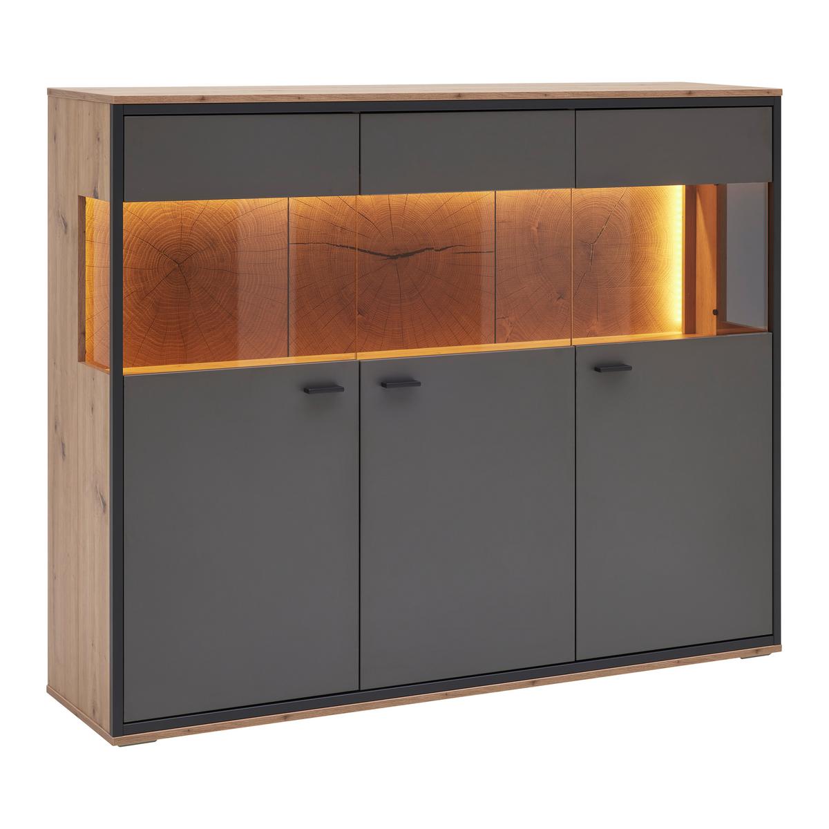 Highboard Florenz Grau/Eiche Artisan - Schwarz/Eiche Artisan, Modern, Glas/Holzwerkstoff (150,2/121,5/38cm) - Premium Living