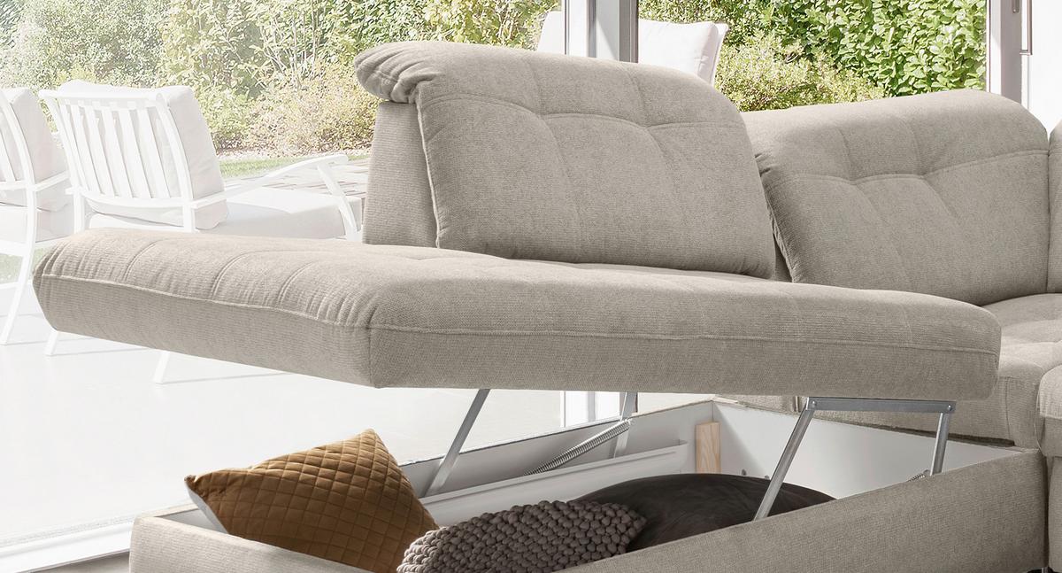 Wohnlandschaft Rigatti Beige Chenille mit Bettkasten - Beige/Schwarz, MODERN, Textil/Metall (252/387/184cm) - Livetastic