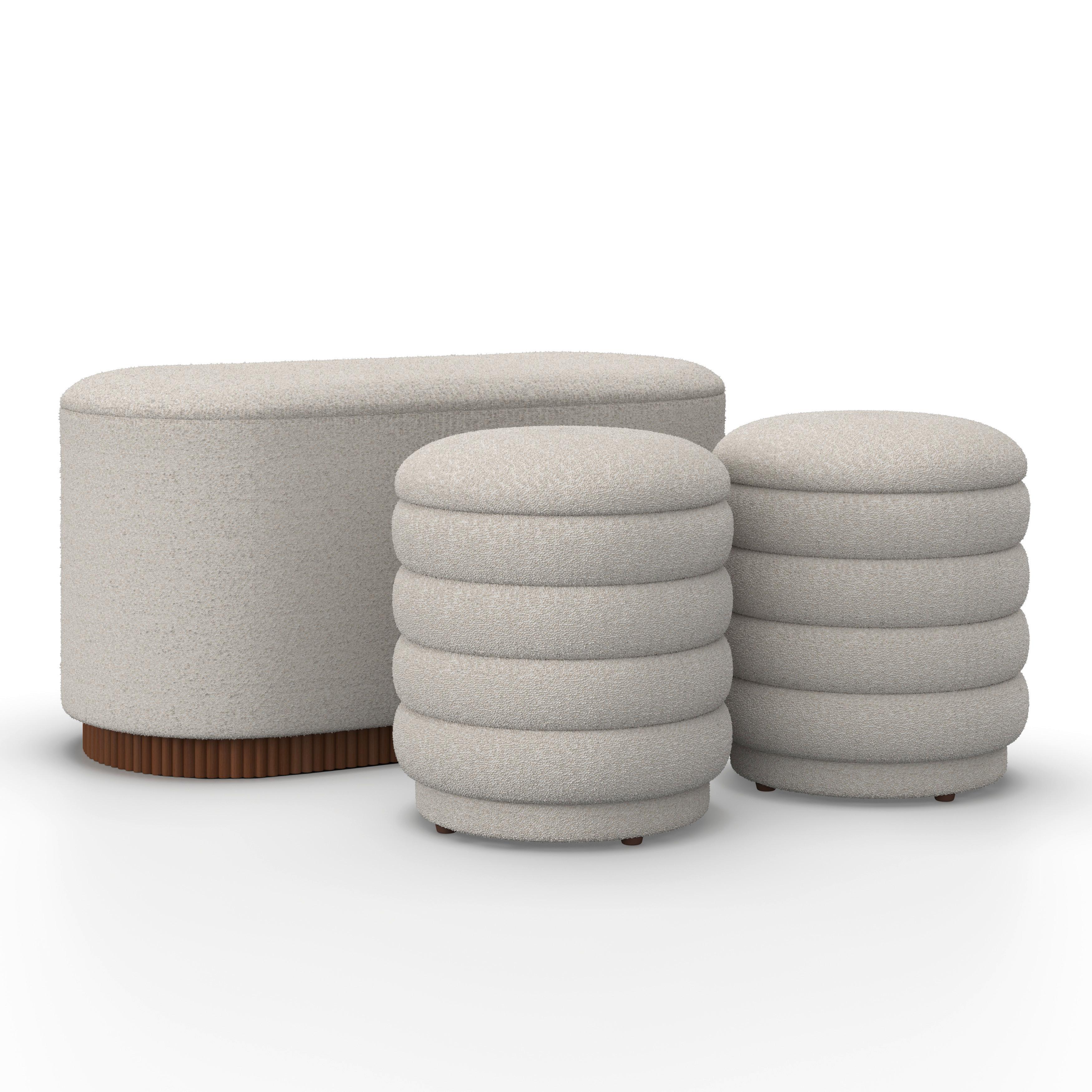 Sitzbank Nina mit Stauraum inkl. 2 Hocker Bouclé Weiß - Naturfarben/Weiß, MODERN, Holz/Holzwerkstoff - Bessagi Home
