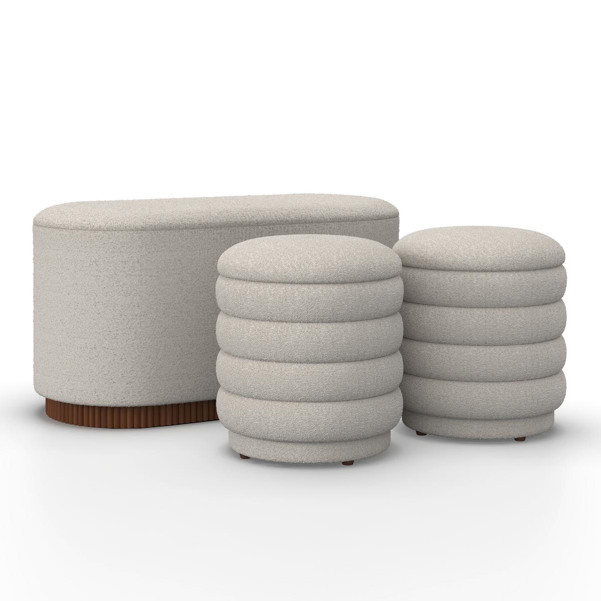 Sitzbank Nina mit Stauraum inkl. 2 Hocker Bouclé Weiß - Naturfarben/Weiß, MODERN, Holz/Holzwerkstoff - Bessagi Home