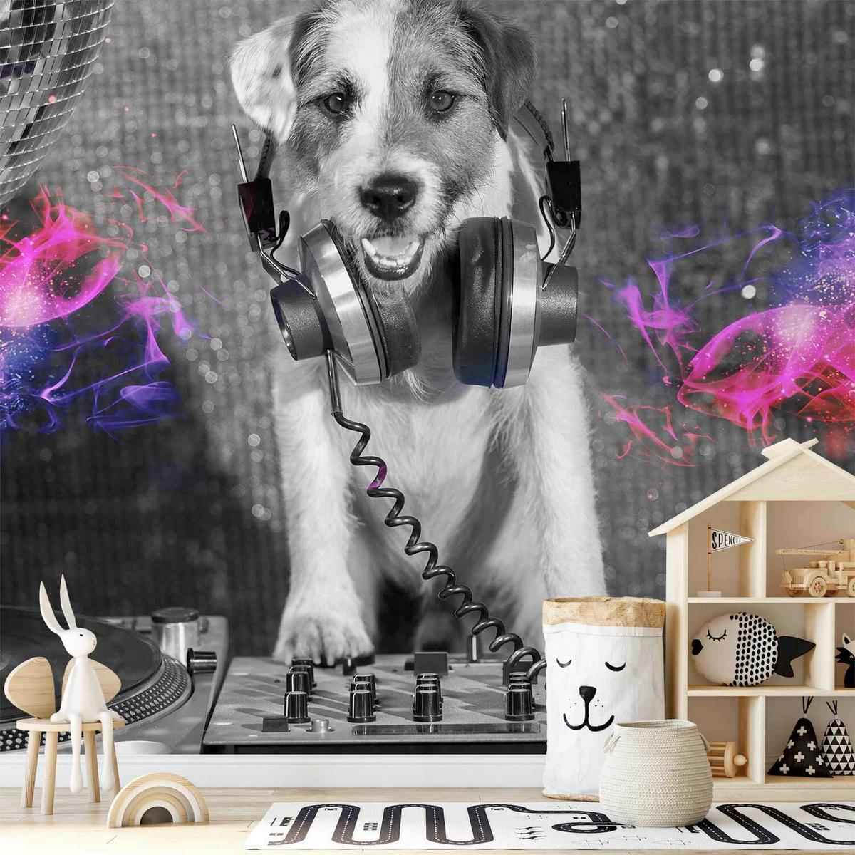 Fototapete DJ Dog Grau/Schwarz - Schwarz/Grau, LIFESTYLE, Textil (400/280cm) - artgeist