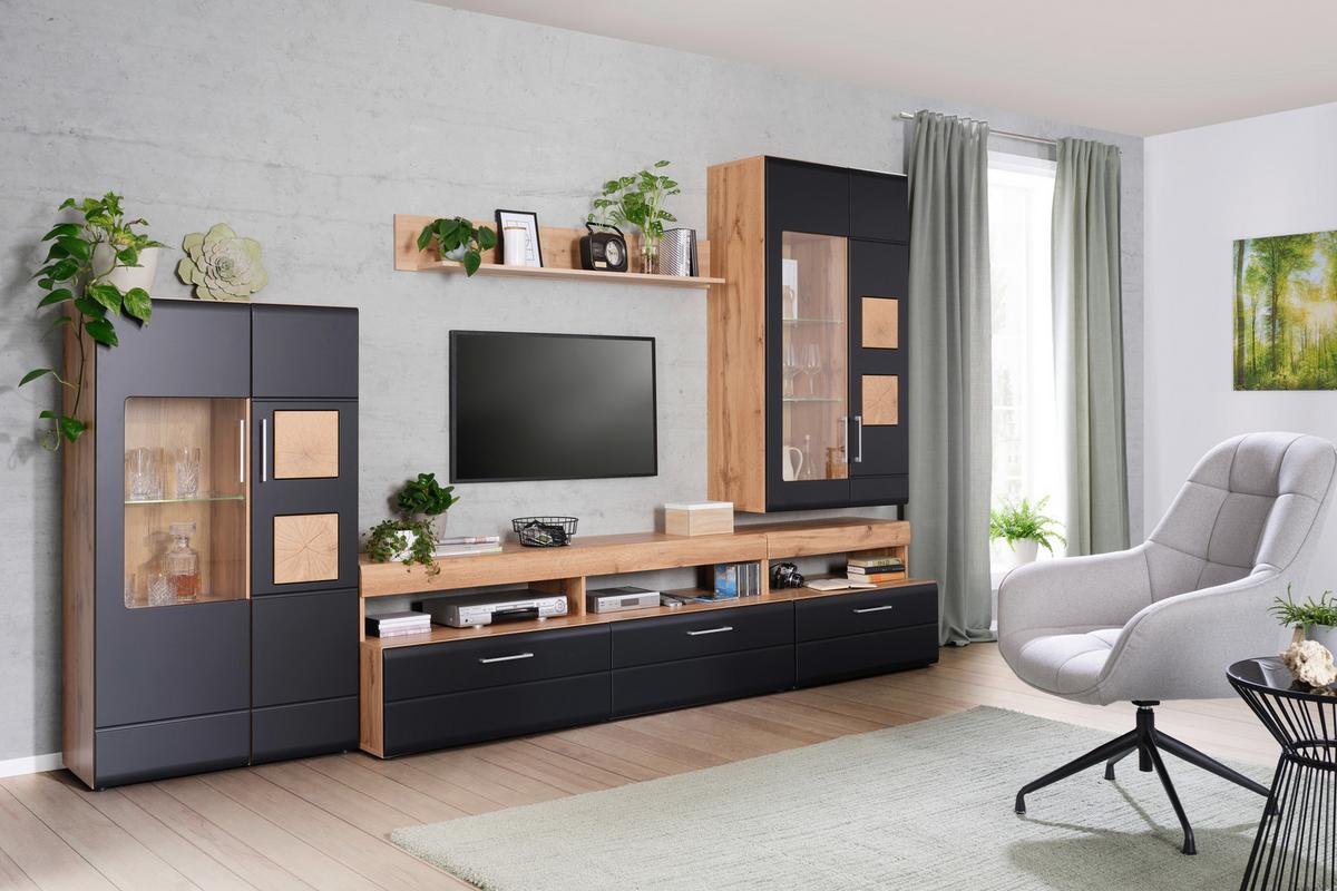 Wohnwand in Schwarz/Eichefarben - Chromfarben/Eichefarben, KONVENTIONELL, Glas/Holzwerkstoff (330/208/52cm) - Mömax