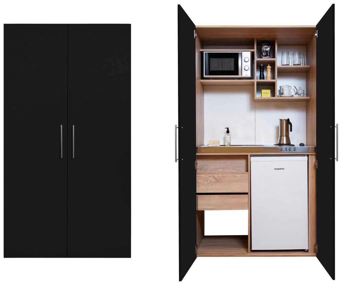 Schrankküche Schwarz Kühlschr. + Kochfeld B: ca. 104 cm - Edelstahlfarben/Eichefarben, KONVENTIONELL, Holzwerkstoff/Metall (104/193/67cm) - Respekta