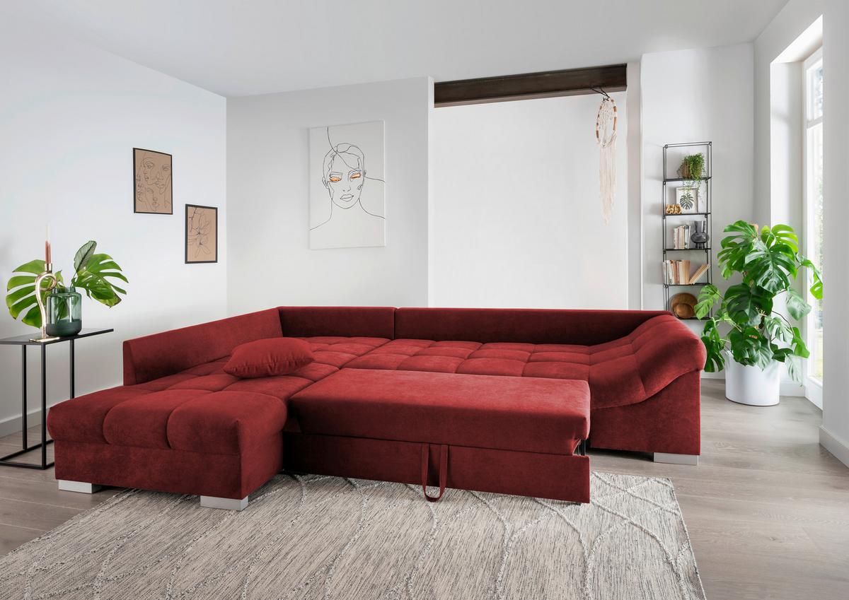 Wohnlandschaft Alvito Rot Nylon/Mikrofaser - Rot/Silberfarben, Design, Holz/Textil (202/298cm) - MID.YOU