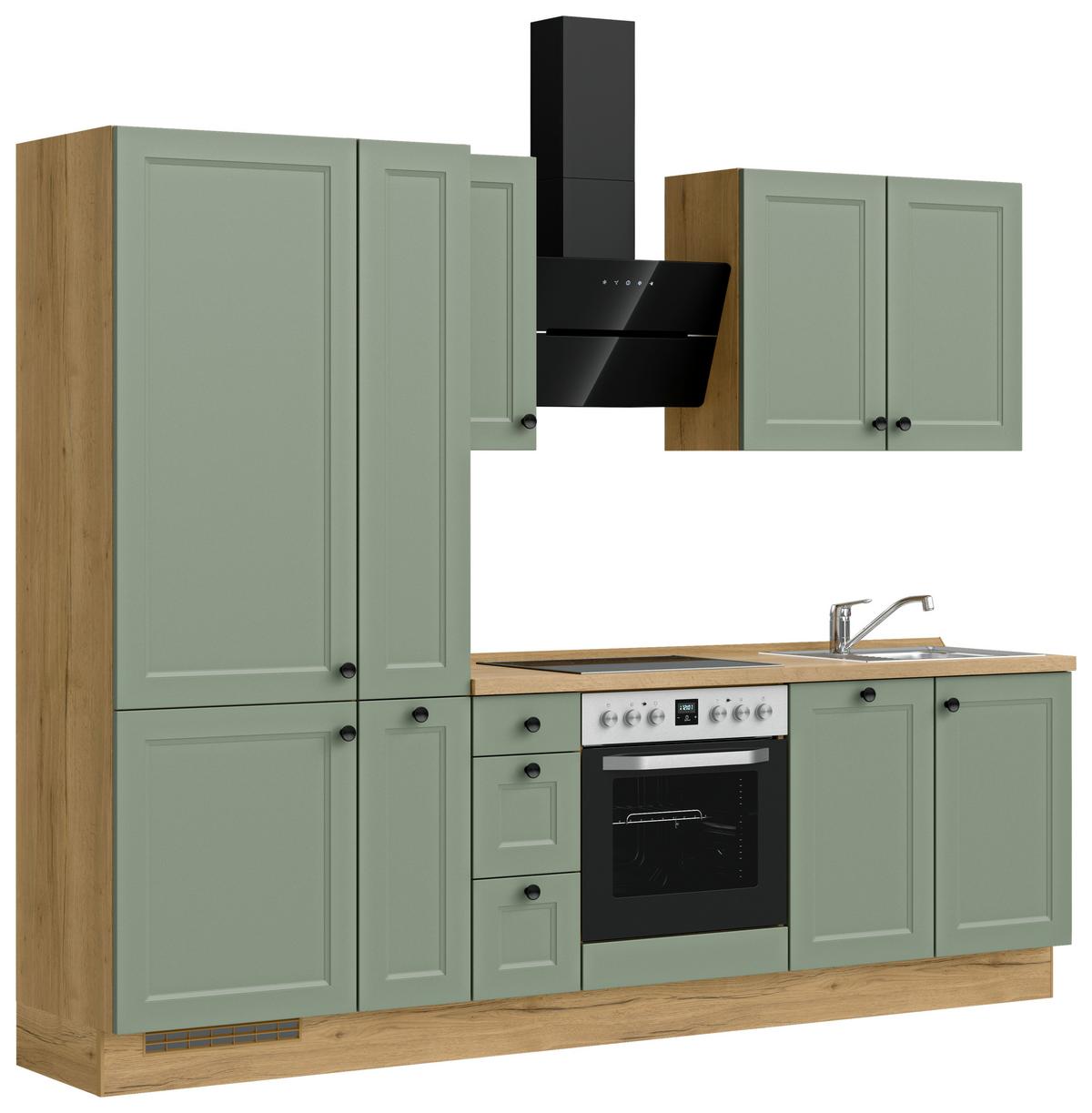 Küchenblock Casada High m. Geräten Schilfgrün - Schilfgrün/Eichefarben, MODERN, Holzwerkstoff/Metall (270cm) - Nobilia