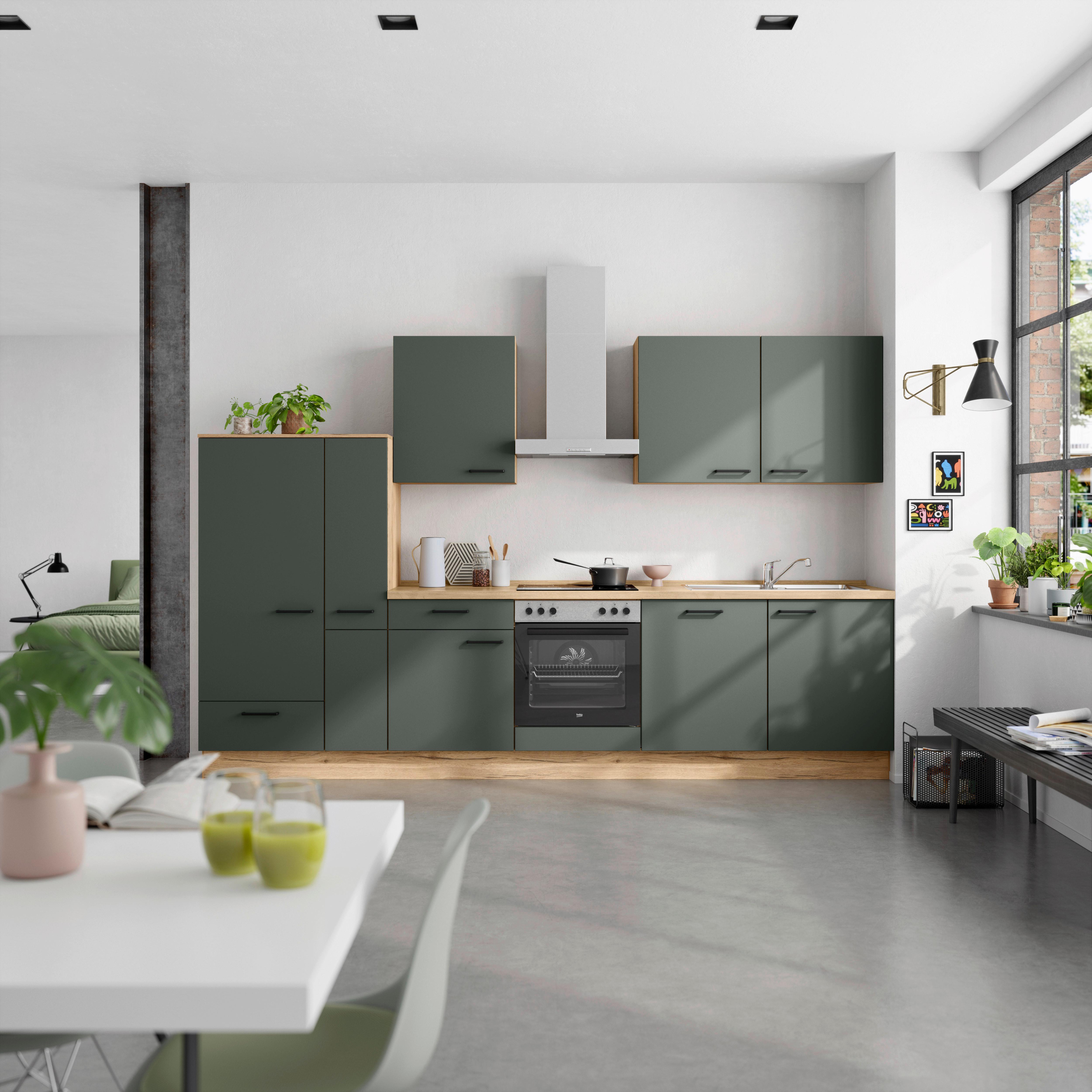 Küchenblock Easytouch Low m. Geräten Dunkelgrün - Dunkelgrün/Eichefarben, MODERN, Holzwerkstoff/Metall (330cm) - Nobilia