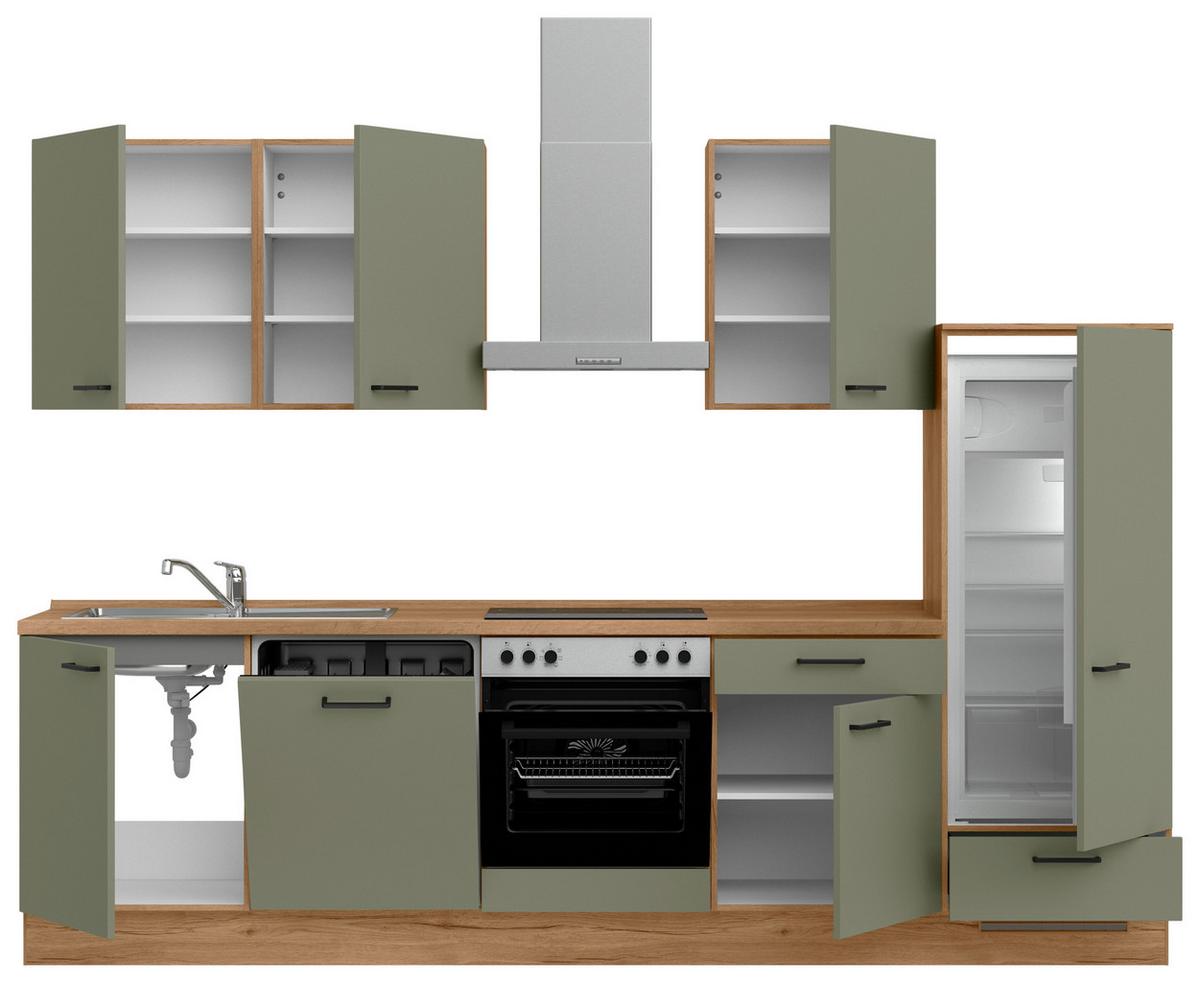 Küchenleerblock Senso Low o. Geräte Olivgrün - Eichefarben/Schwarz, MODERN, Holzwerkstoff/Metall (300cm) - Nobilia