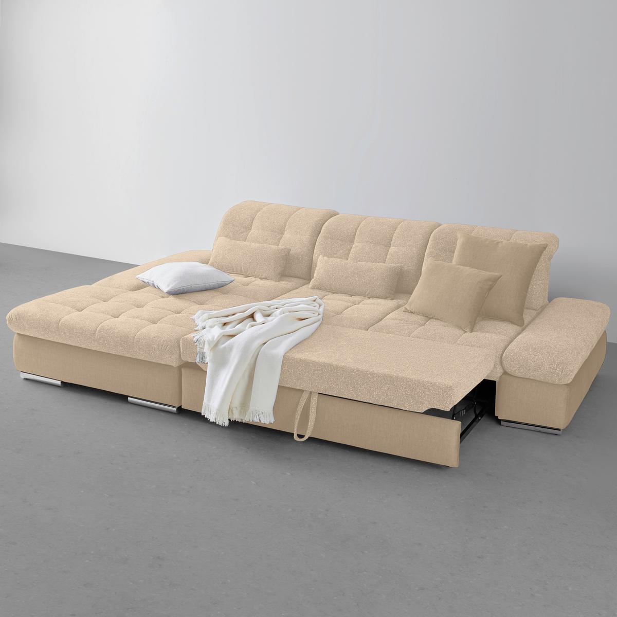 Wohnlandschaft Sanfino Beige - Chromfarben/Beige, KONVENTIONELL, Holz/Textil (199/79-96/305cm) - Premium Living