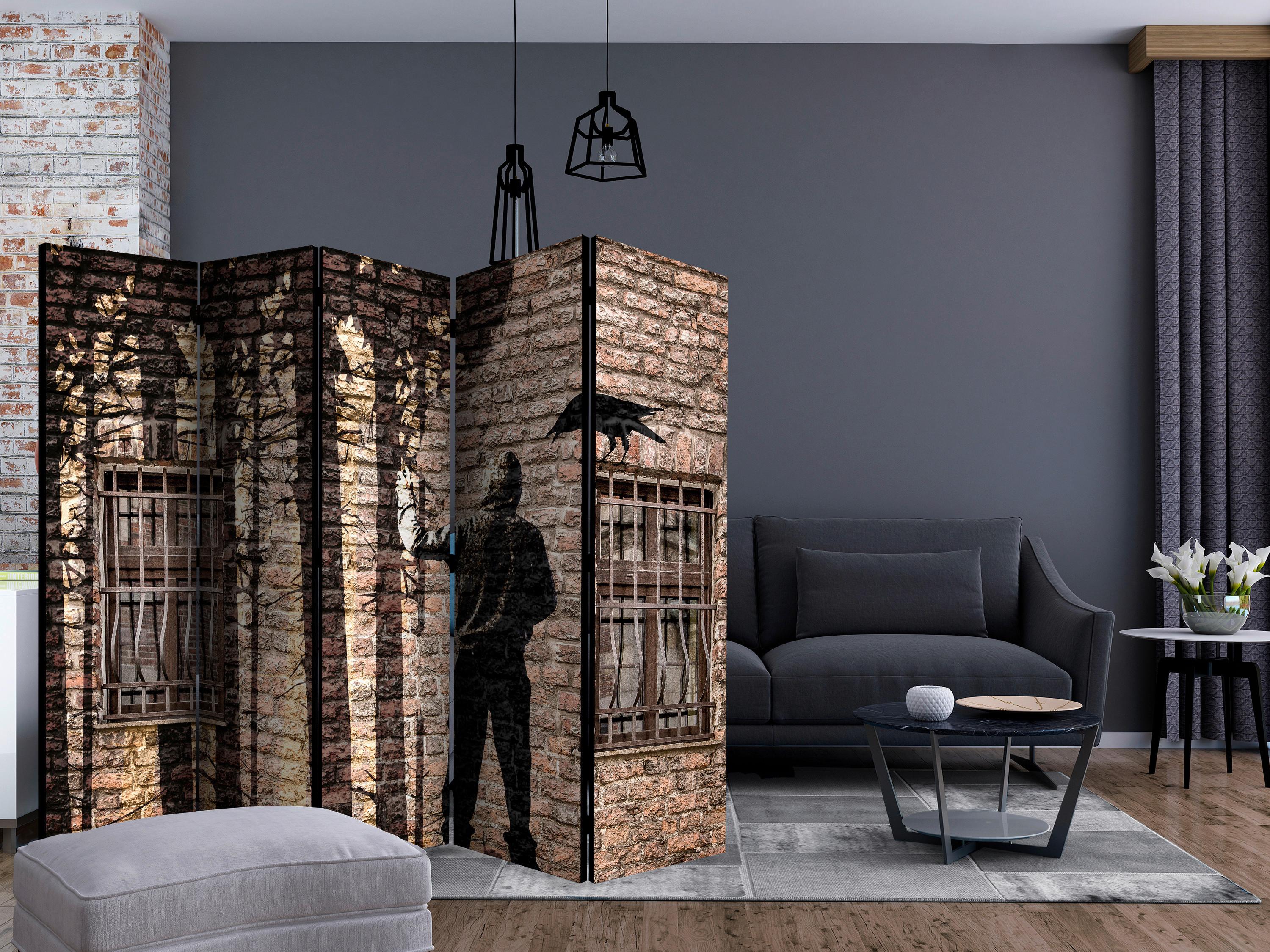 Paravan Urban Jungle I, 5-Delni, Dvostranski - svetlo rjava/črna, Basics, tekstil/les (225/172/3cm) - artgeist