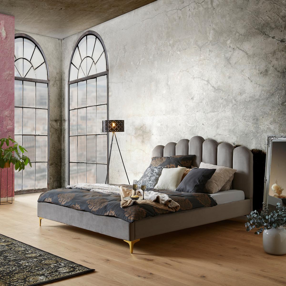 Oblazinjena Postelja Lucy, Siva, 180x200 - zlate barve/črna, Moderno, kovina/leseni material (180/200cm) - Livetastic