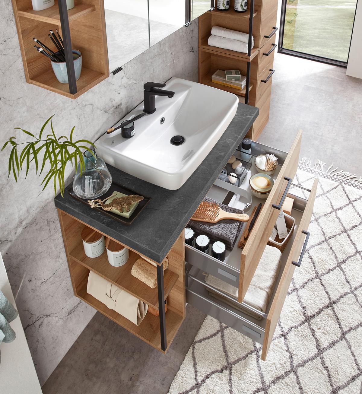 Badezimmer in Eiche/Schiefer - Schieferfarben/Weiss, Modern, Keramik/Holzwerkstoff (90cm) - Pelipal