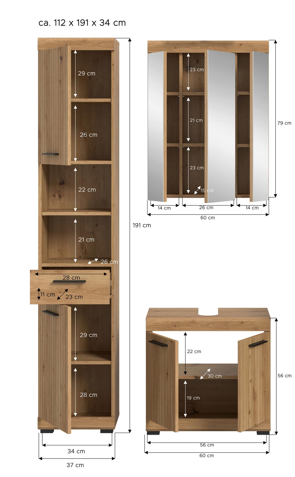 Badezimmer Scout Eiche Artisan 3-teilig - Schwarz/Eiche Artisan, Trend, Glas/Holzwerkstoff (97cm) - MID.YOU