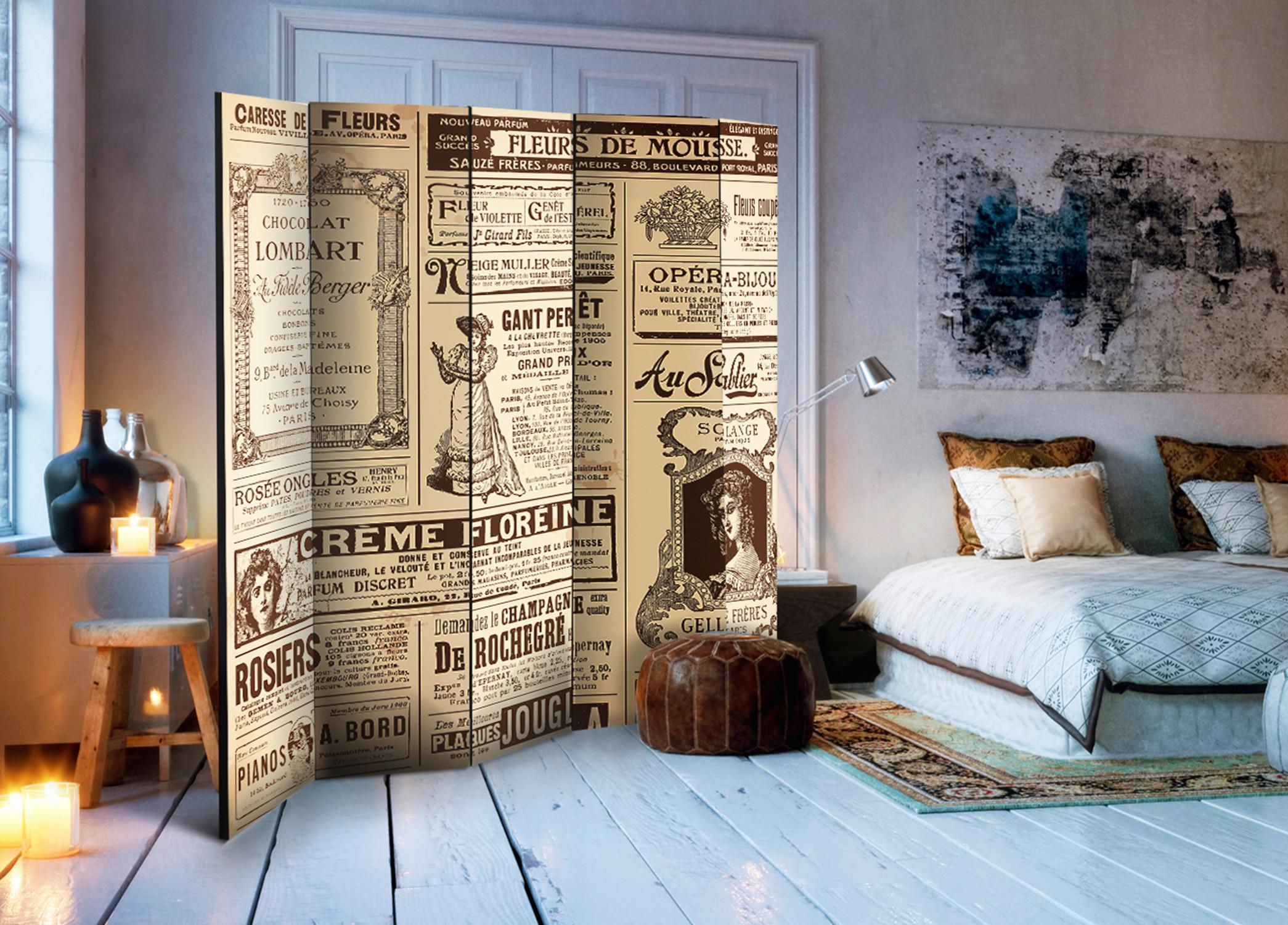 Paravan Vintage Magazines I, 5-Delni, Dvostranski - temno rjava/bež, Basics, tekstil/les (225/172/3cm) - artgeist