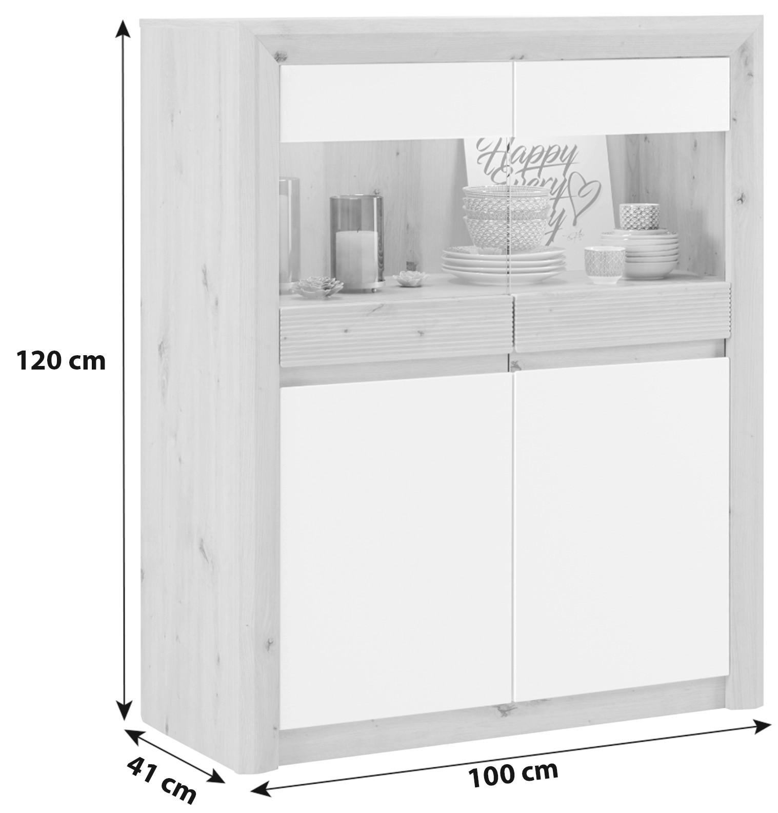Vitrina Kashmir New - bijela/boje hrasta, Moderno, staklo/drvni materijal (100/120/41cm) - Modern Living