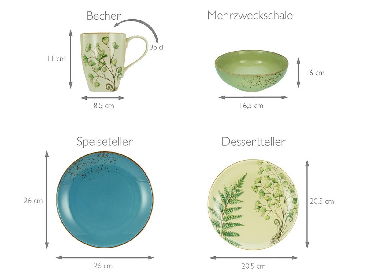Kombiservice Botanica in Grün, 16-teilig - Sandfarben/Petrol, KONVENTIONELL, Keramik - Creatable