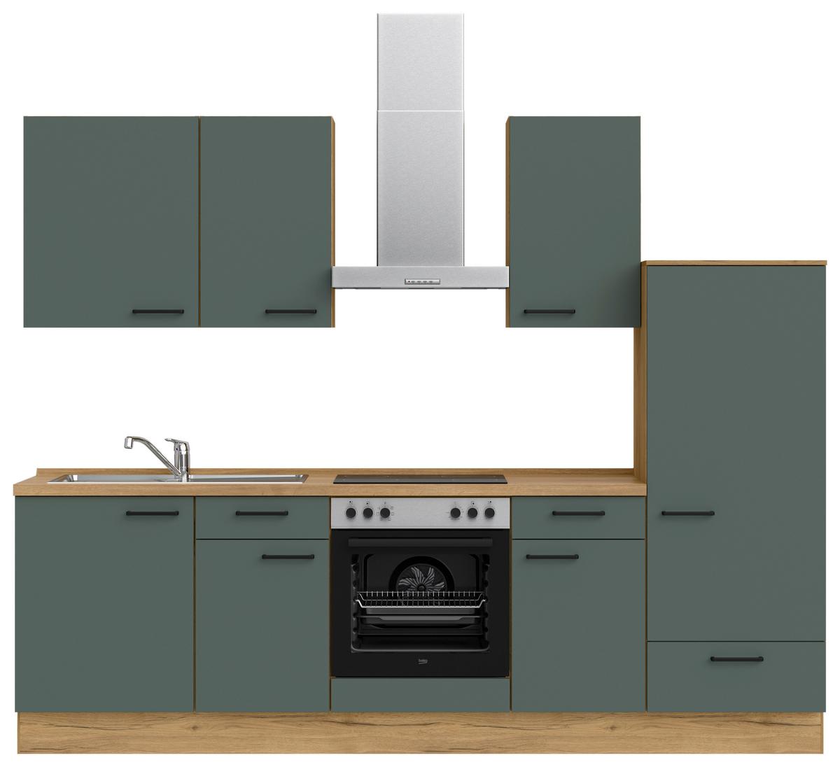 Küchenblock Easytouch Low m. Geräten Dunkelgrün - Dunkelgrün/Eichefarben, MODERN, Holzwerkstoff/Metall (270cm) - Nobilia