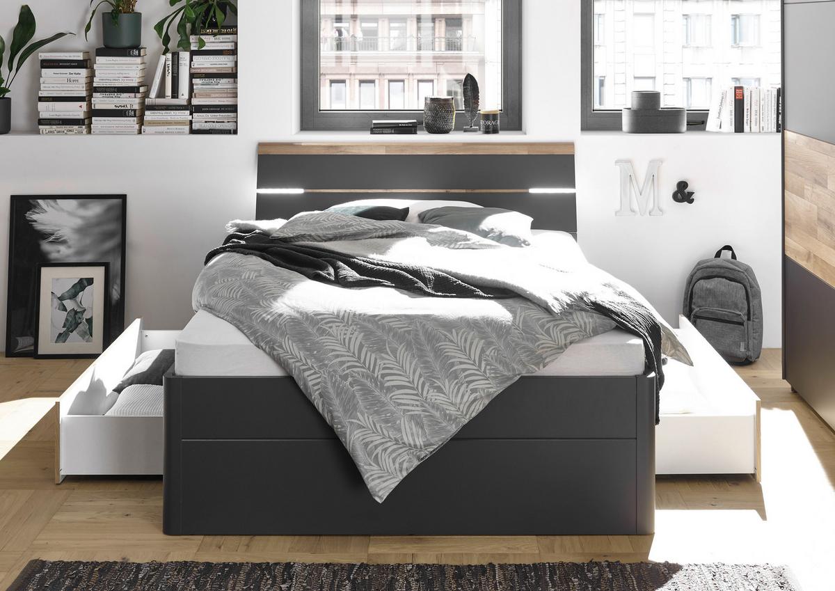 Postelja Mars, S Predali, 180x200 - črna/barve hrasta, Konvencionalno, umetna masa/leseni material (180/200cm) - MID.YOU