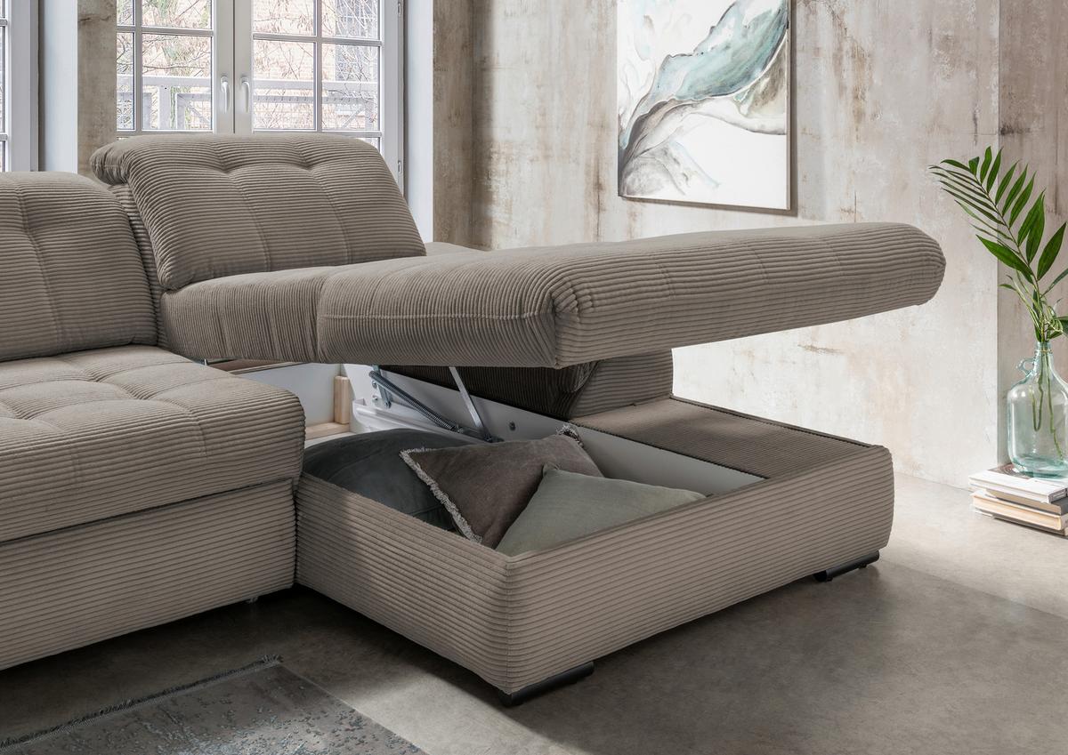 Ecksofa mit Bettkasten Rigatti ca. 314x184 cm Graubraun - Graubraun/Schwarz, MODERN, Textil/Metall (314/184cm) - Livetastic