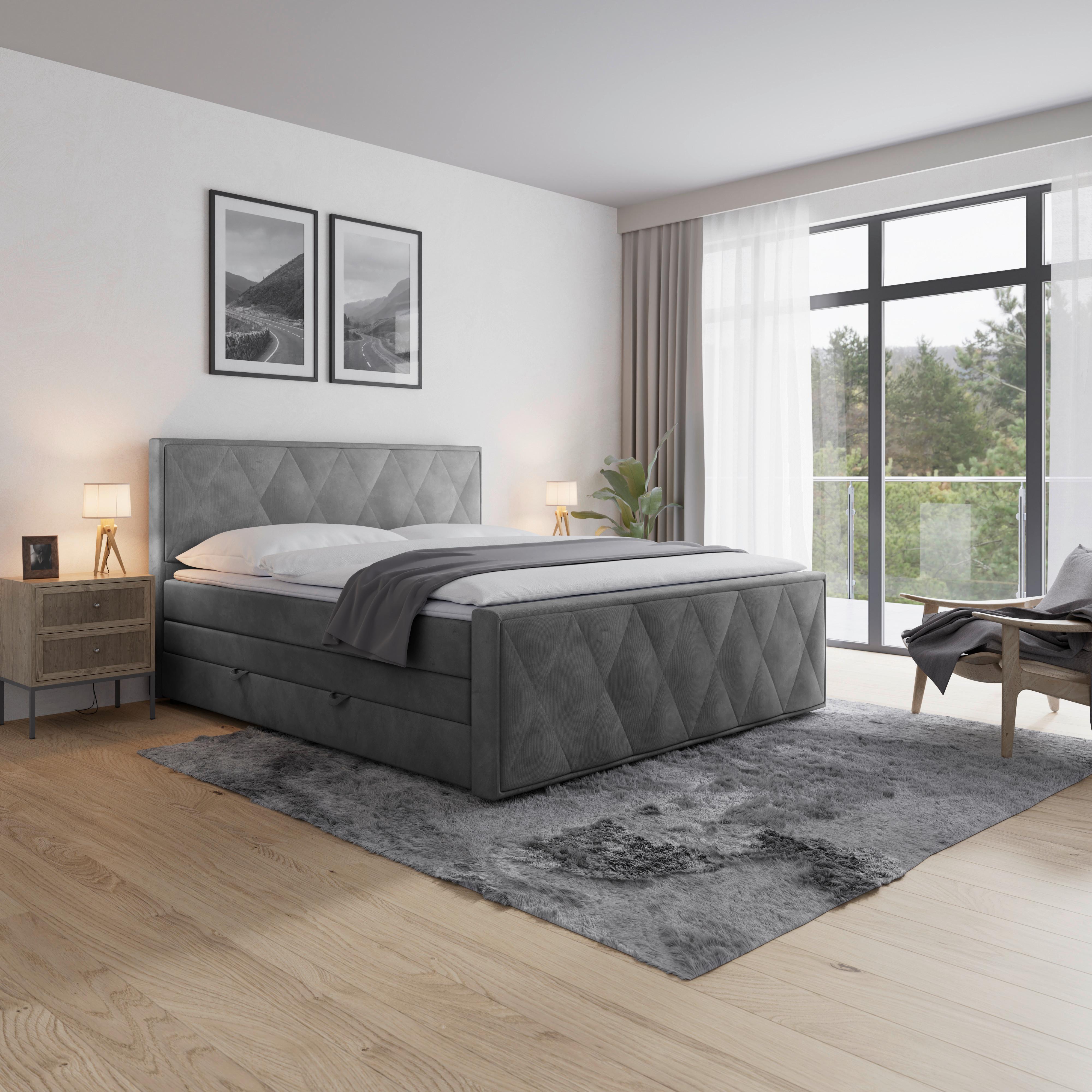 Boxspringbett Porto ca. 180x200 cm Hellgrau - Hellgrau/Schwarz, MODERN, Karton/Holzwerkstoff (180/200cm) - MID.YOU