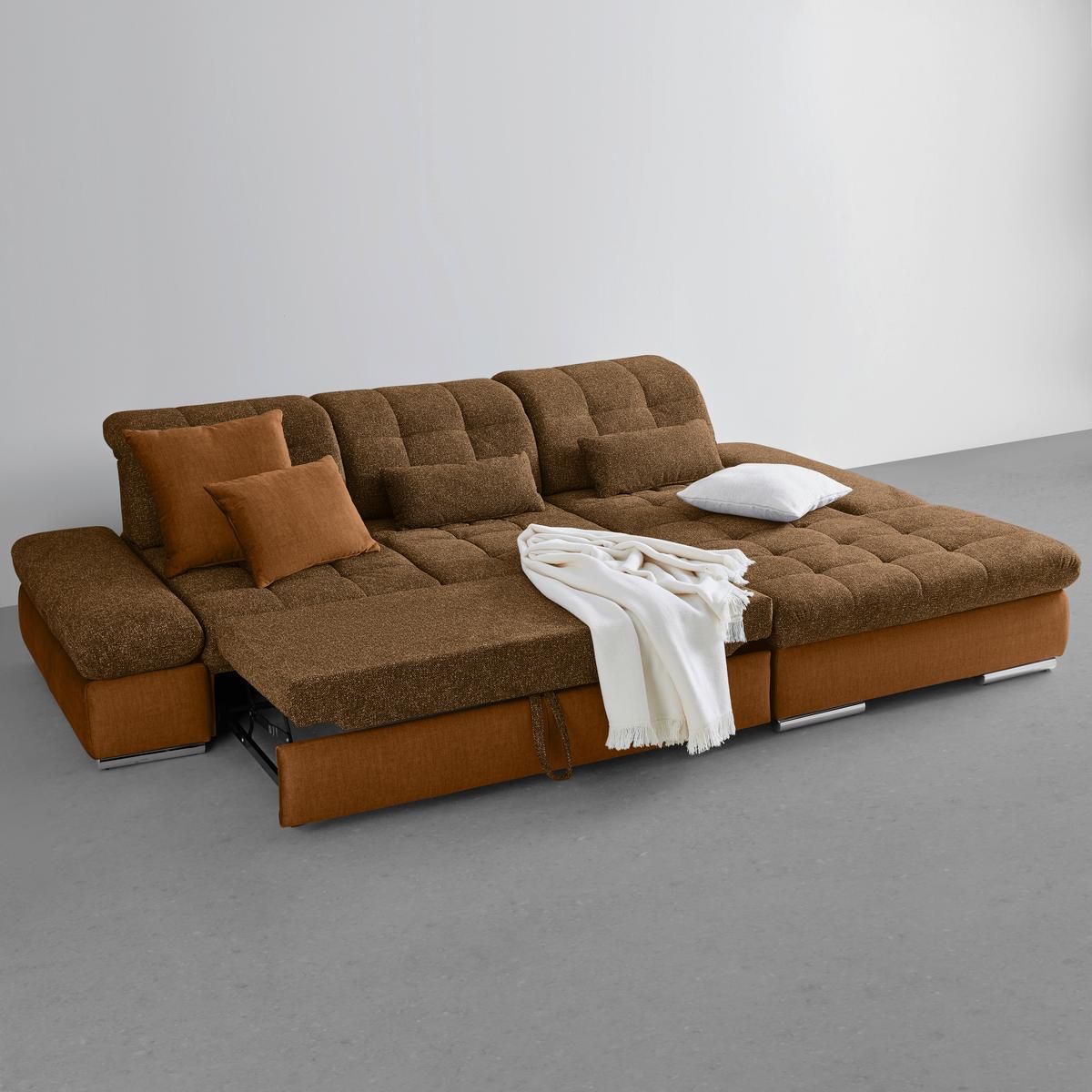 Wohnlandschaft Sanfino Cognac/Senfgelb - Chromfarben/Cognac, KONVENTIONELL, Holz/Textil (305/79-96/199cm) - Premium Living