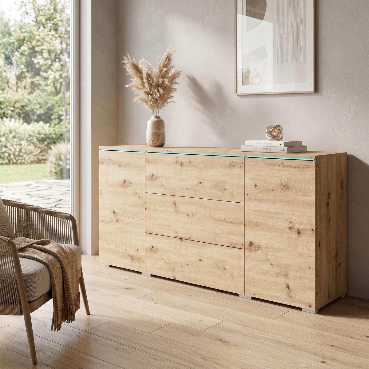 Sideboard Vera mit LED ca. 150 cm Eiche Artisan - Eiche Artisan/Grau, Basics, Holzwerkstoff/Kunststoff (150/67,9/39,5cm) - P & B