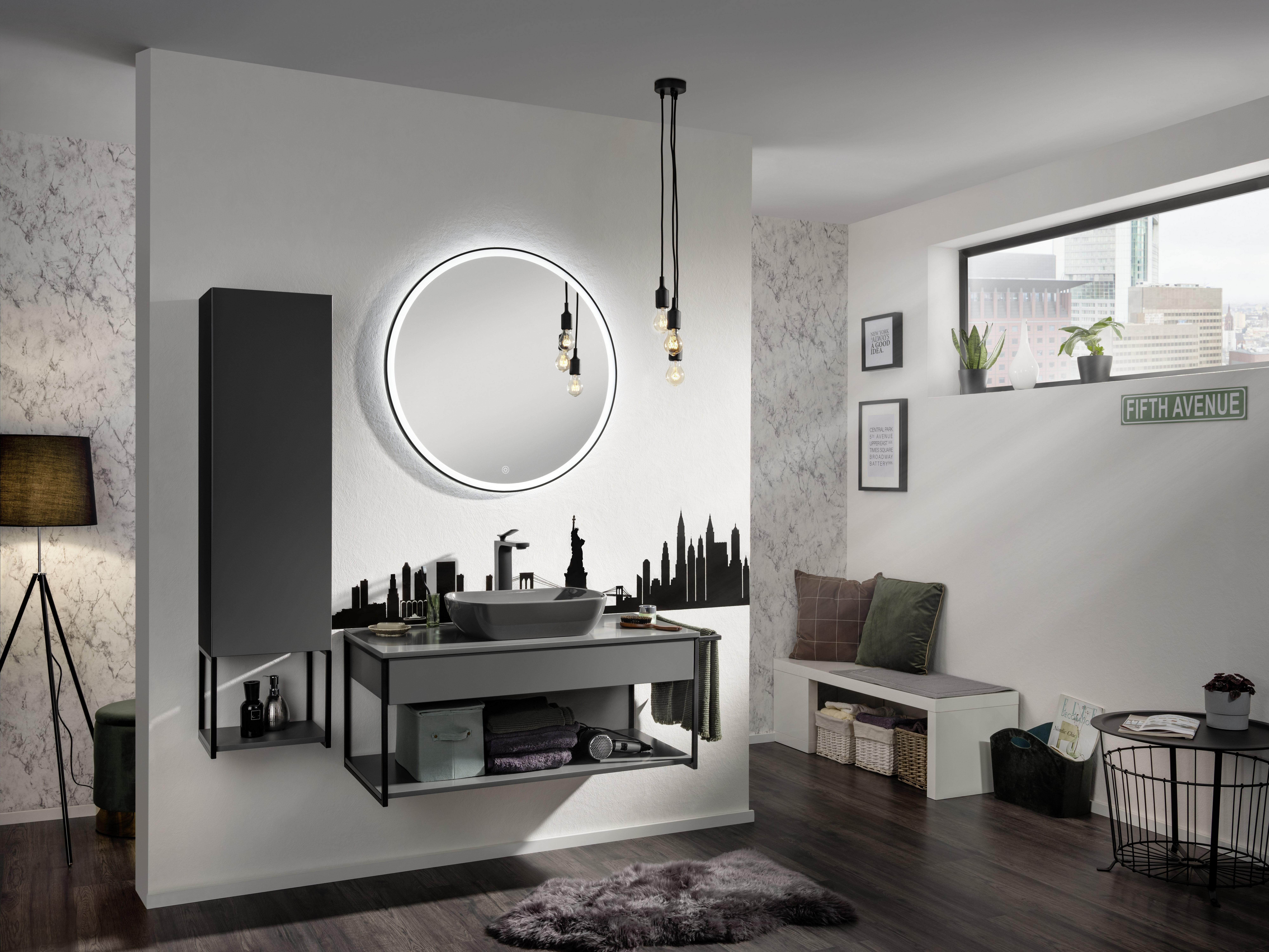Wandspiegel "New York", Schwarz D: 80cm mit LED - Schwarz, MODERN, Glas (80/80/3cm) - MID.YOU