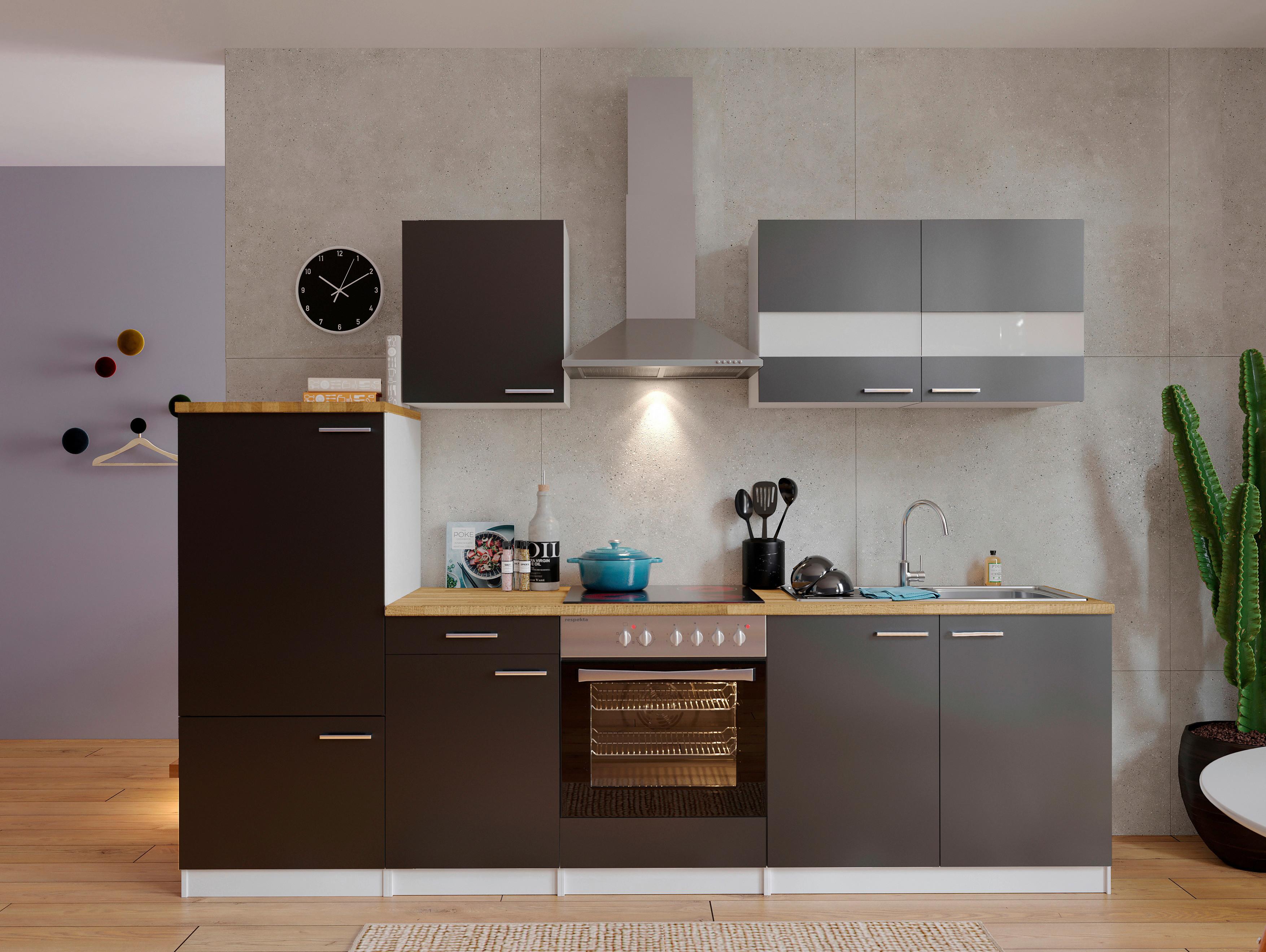 Küchenzeile ohne Geräte B: 270 cm Grau/Weiß/Nussbaum Dekor - Edelstahlfarben/Nussbaumfarben, Basics, Holzwerkstoff/Metall (270/200/60cm) - Respekta