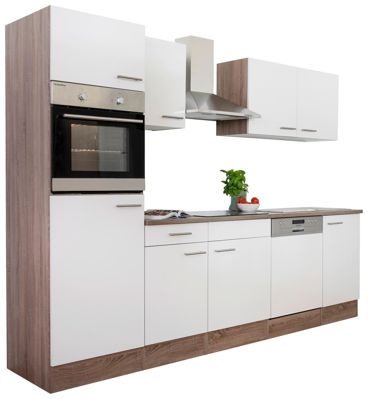 Küchenzeile mit Geräte Weiß /Eiche Dekor B: ca. 280 cm - Edelstahlfarben/Eichefarben, Design, Holzwerkstoff/Metall (280cm) - Respekta