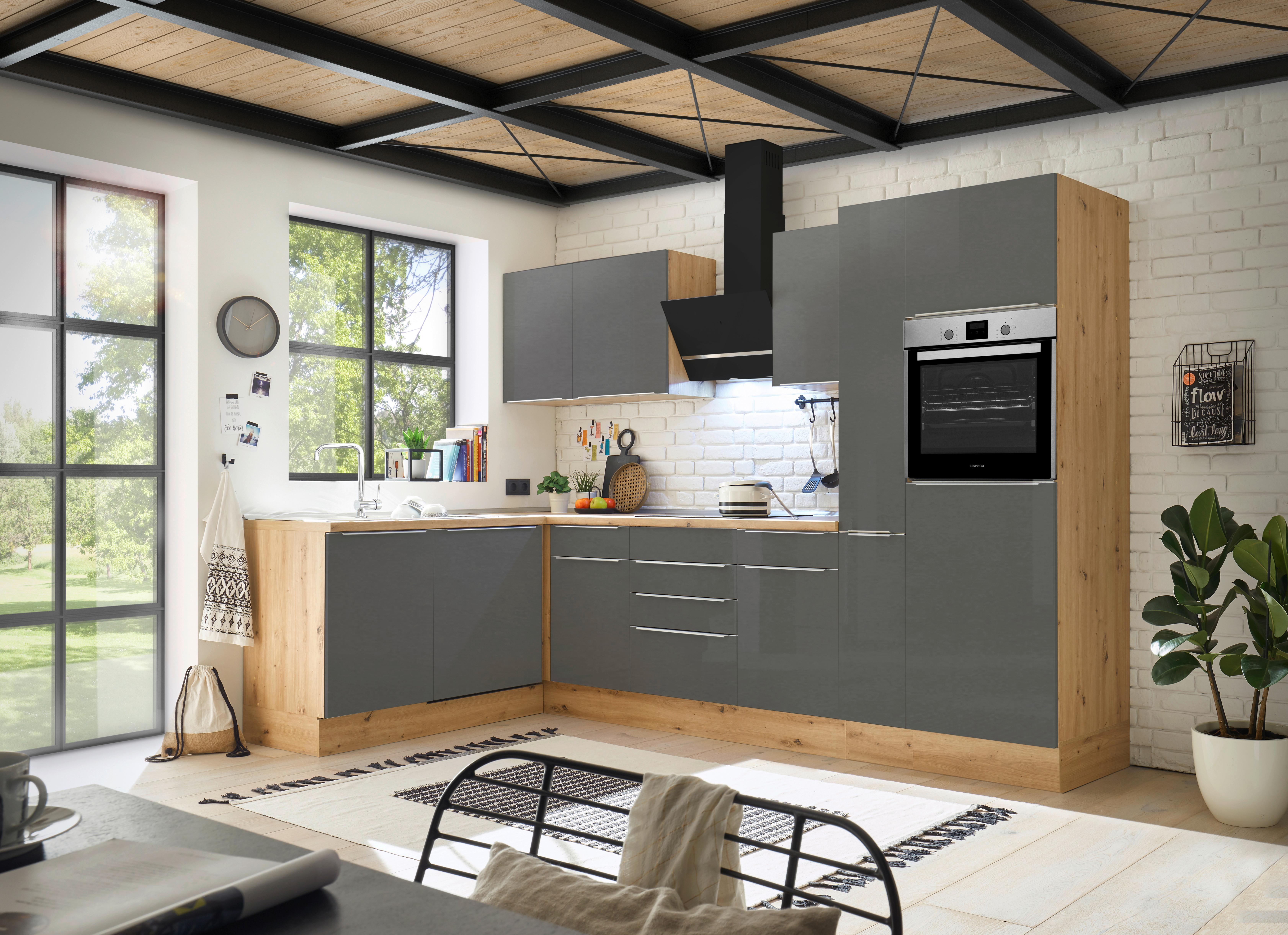 Eckküche Marleen mit Geräten Grau/Eiche ca. 310x170 cm - Anthrazit/Alufarben, LIFESTYLE, Holzwerkstoff/Kunststoff (310/170cm) - Respekta