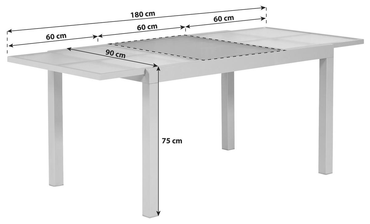Gartentisch ausziehbar ca. 180x90 cm Alu Silber/Glas - Silberfarben, MODERN, Glas/Metall (120-180/90/75cm) - Gardenson