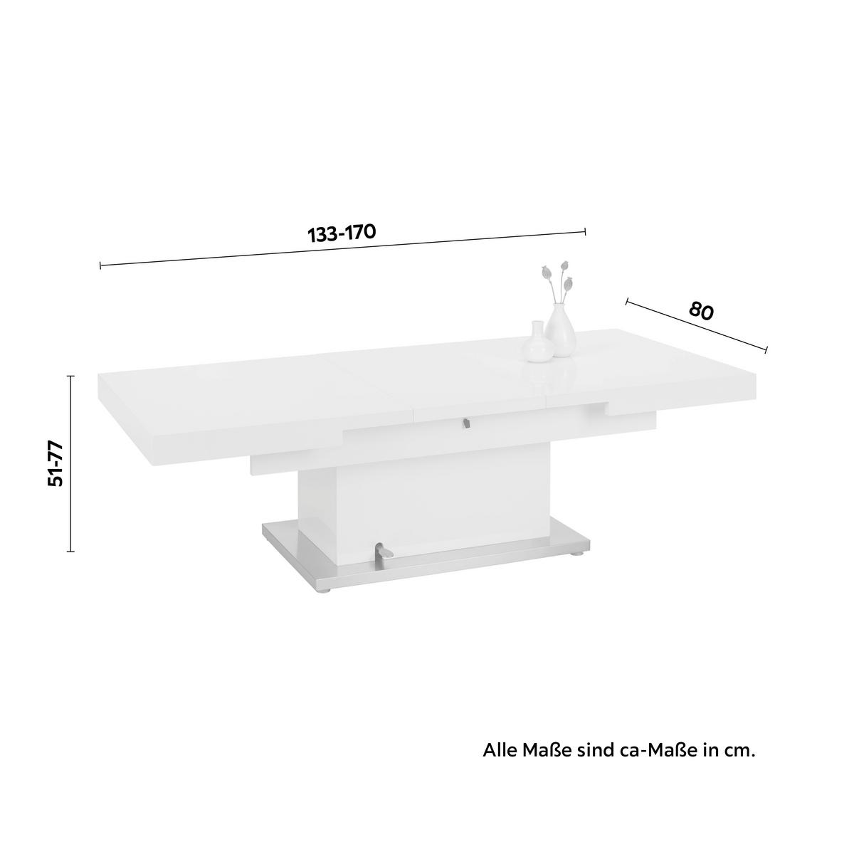Couchtisch 2in1 in Weiß ca. 133-170x51-77x80cm - Edelstahlfarben/Weiß, MODERN, Holzwerkstoff/Metall (133-170/80/51-77cm) - Based