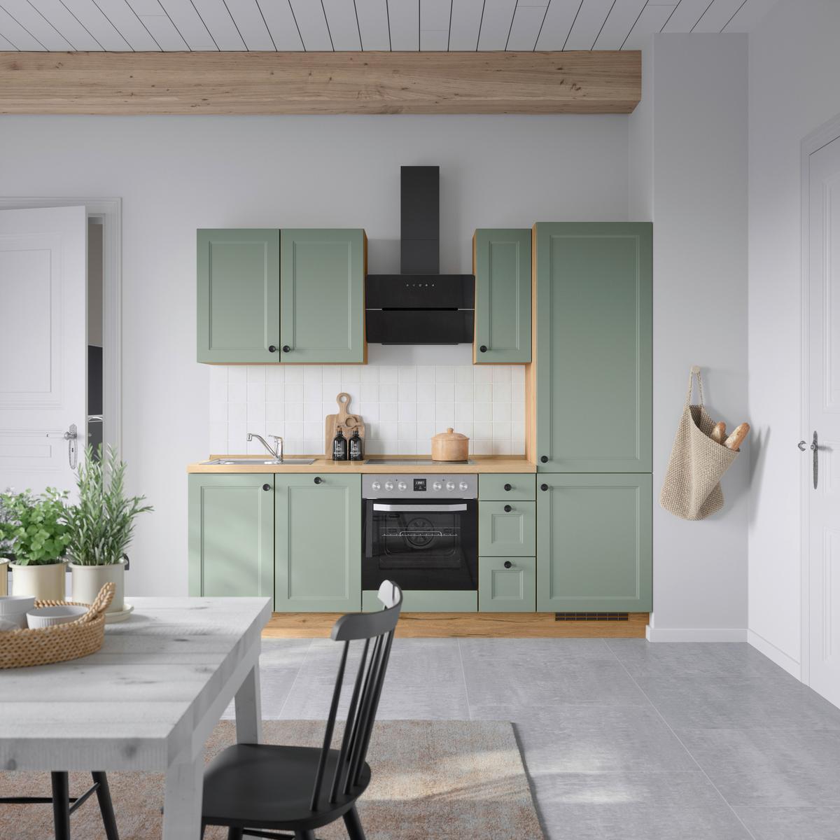 Küchenblock Cascada High m. Geräten Schilfgrün - Schilfgrün/Eichefarben, MODERN, Holzwerkstoff/Metall (240cm) - Nobilia