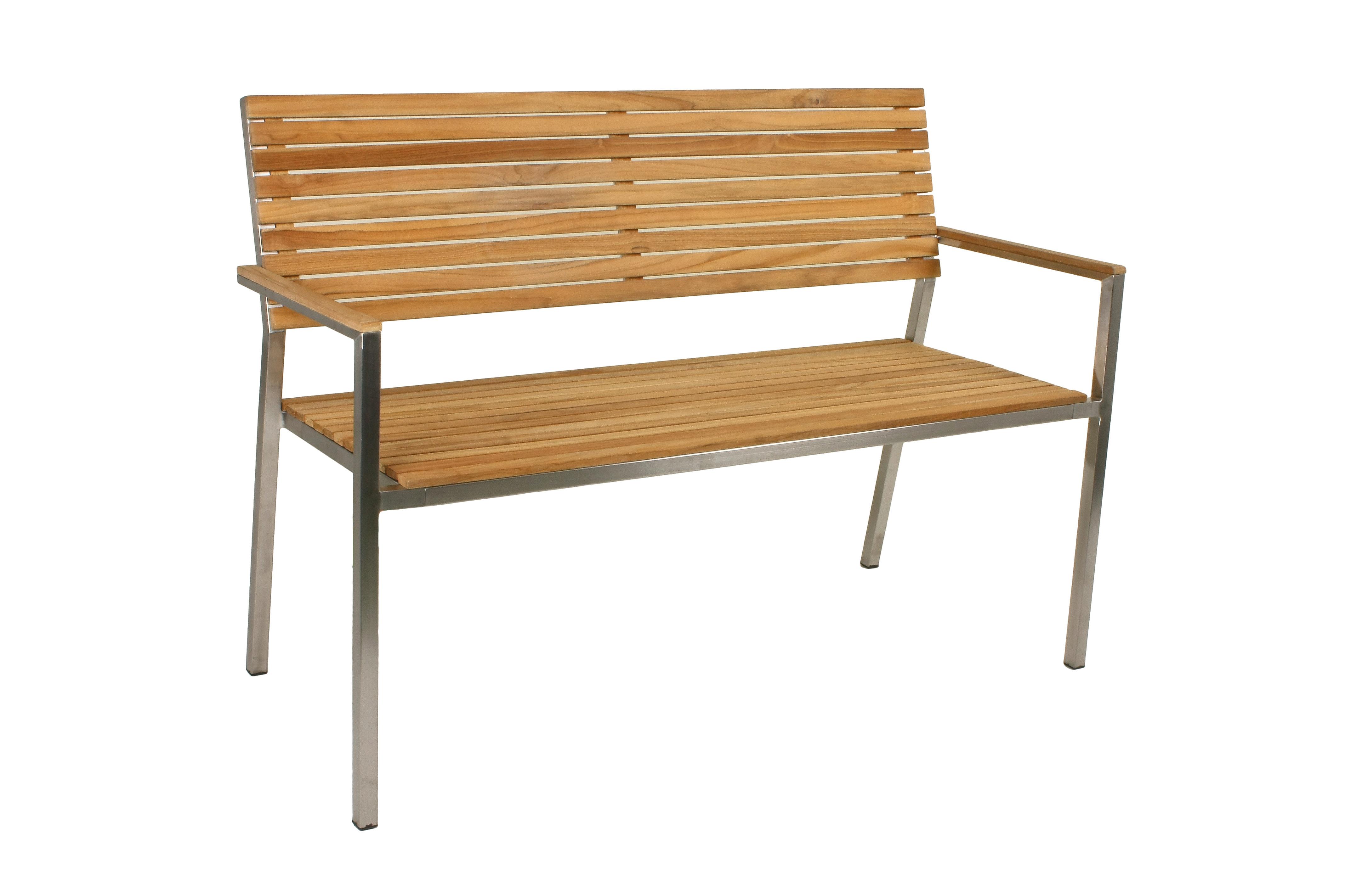Gartenbank Teakholz B: 125 cm Denver mit Rückenlehne - Silberfarben/Teakfarben, Basics, Holz/Metall (125/86/55cm) - Gardenson