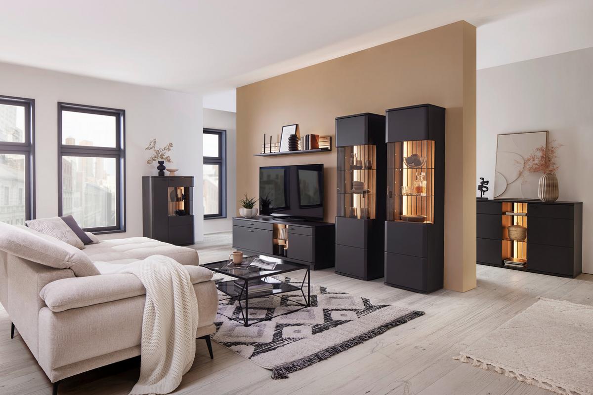 Sideboard Carreto in Schwarz/Eichefarben - Eichefarben/Anthrazit, MODERN, Glas/Holzwerkstoff (160/90/44cm) - Premium Living