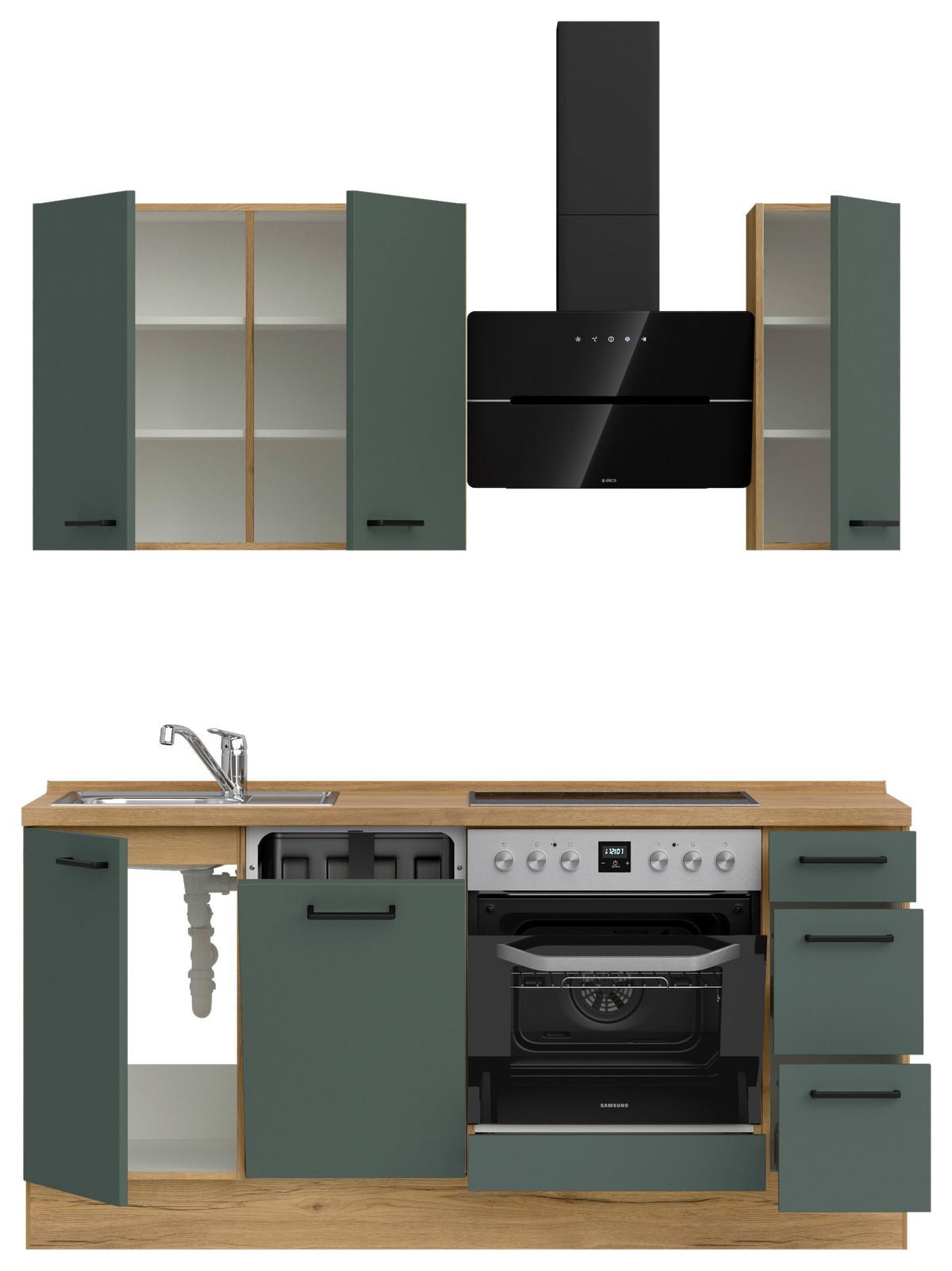 Küchenblock Easytouch m. Geräten Dunkelgrün - Dunkelgrün/Eichefarben, MODERN, Holzwerkstoff/Metall (180cm) - Nobilia