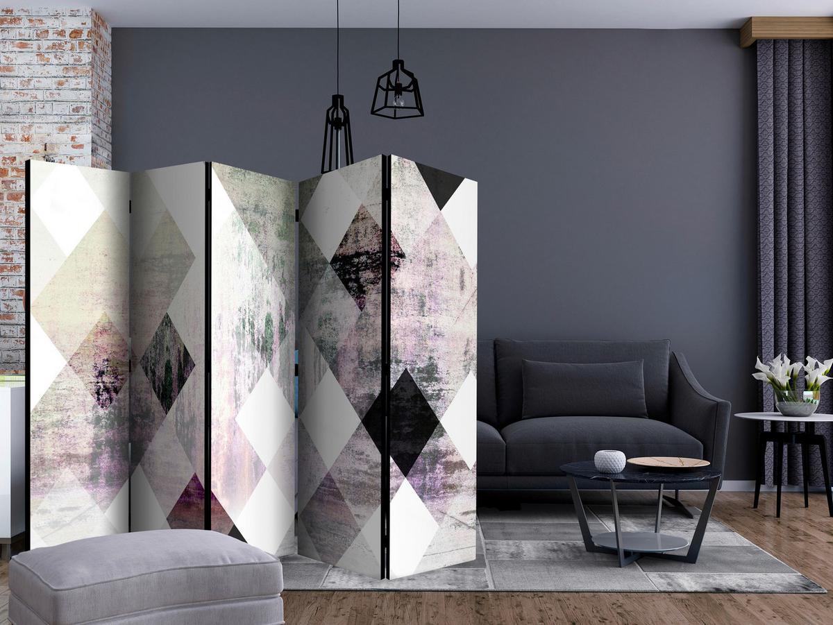 Paravan Rhombic Chessboard, 5-Delni, Dvostranski - siva/črna, Basics, tekstil/les (225/172/3cm) - artgeist