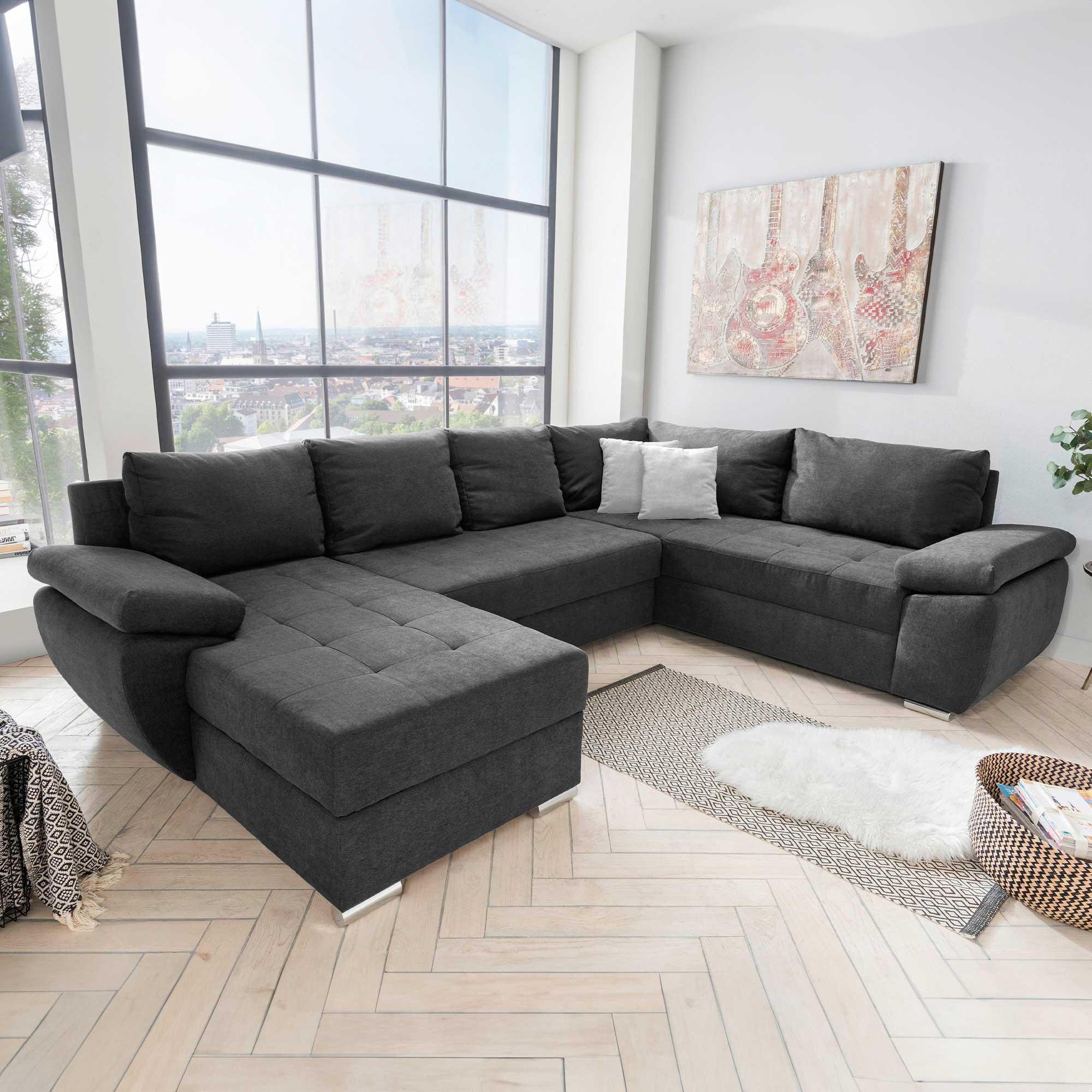Sedežna Garnitura Terana, Antracit, Ležišče, Predal - barve kroma/srebrne barve, Konvencionalno, kovina/tekstil (157/305/219cm) - Premium Living