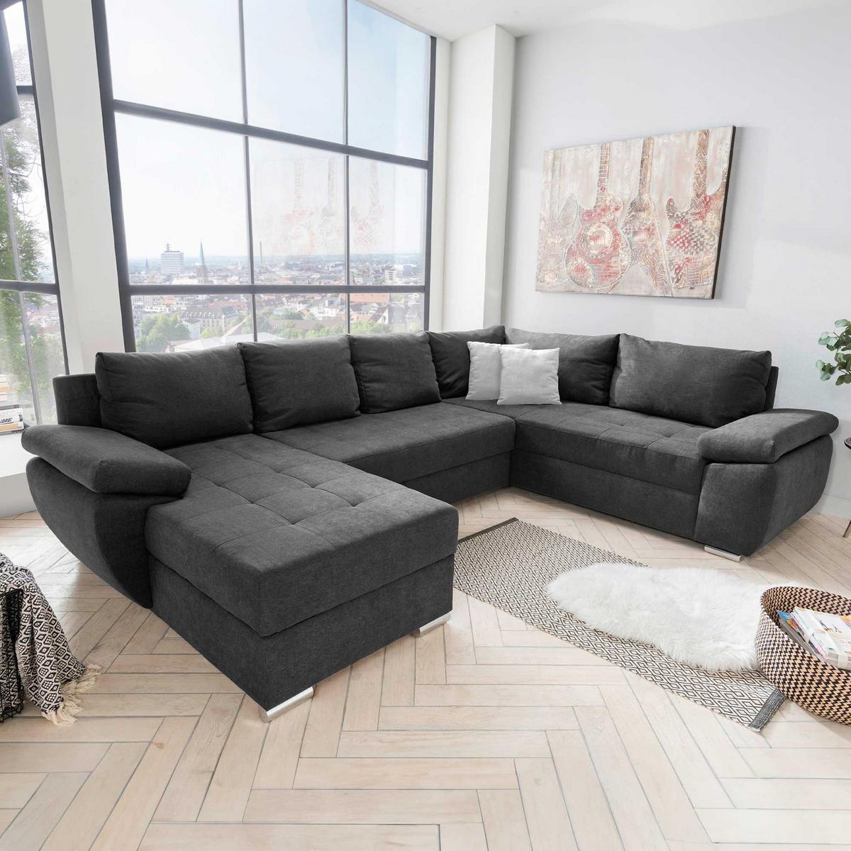 Sedežna Garnitura Terana, Antracit, Ležišče, Predal - barve kroma/srebrne barve, Konvencionalno, kovina/tekstil (157/305/219cm) - Premium Living