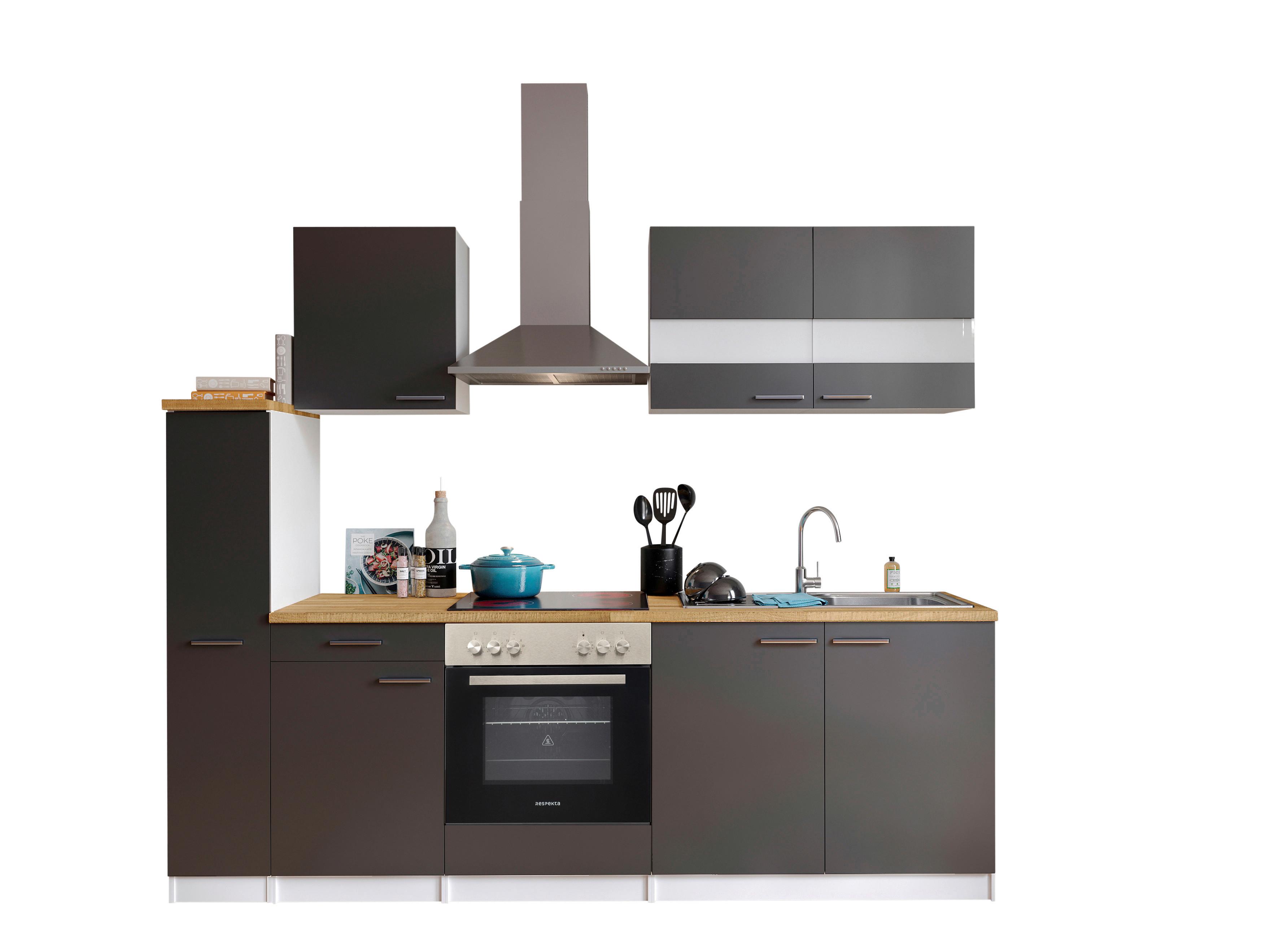 Küchenblock Malia mit Geräten ca. 240 cm Grau - Edelstahlfarben/Nussbaumfarben, Basics, Holzwerkstoff/Metall (240cm) - Respekta