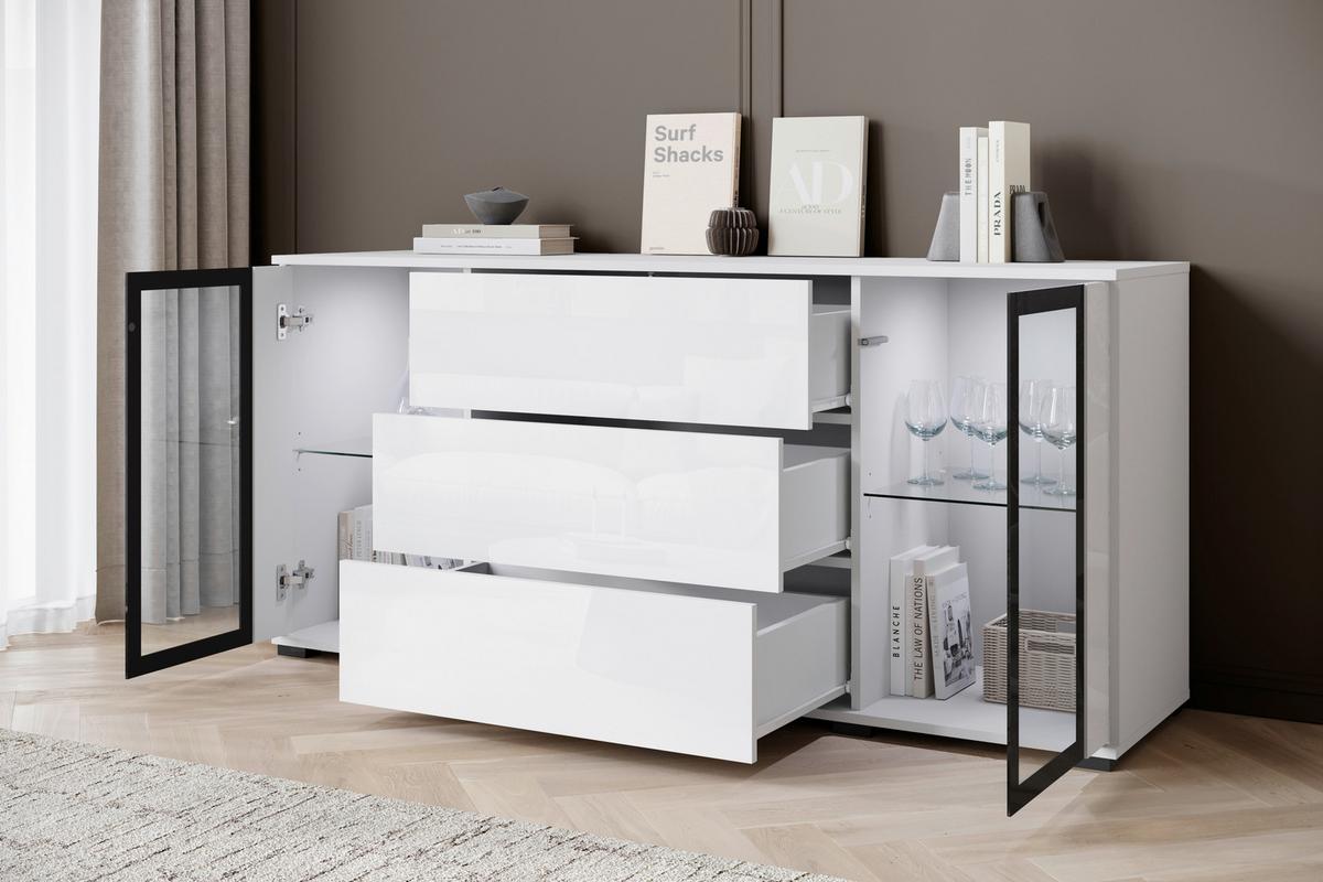 Komoda Caro, Bela, Visoki Sijaj - črna/bela, Design, umetna masa/steklo (150/69,7/39,5cm) - Livetastic