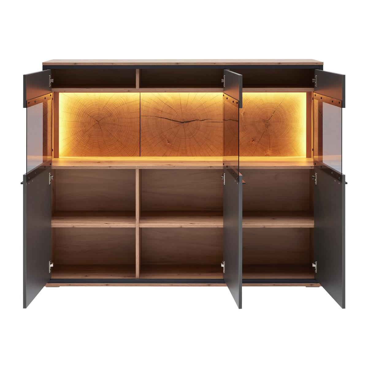 Highboard Florenz Grau/Eiche Artisan - Schwarz/Eiche Artisan, Modern, Glas/Holzwerkstoff (150,2/121,5/38cm) - Premium Living