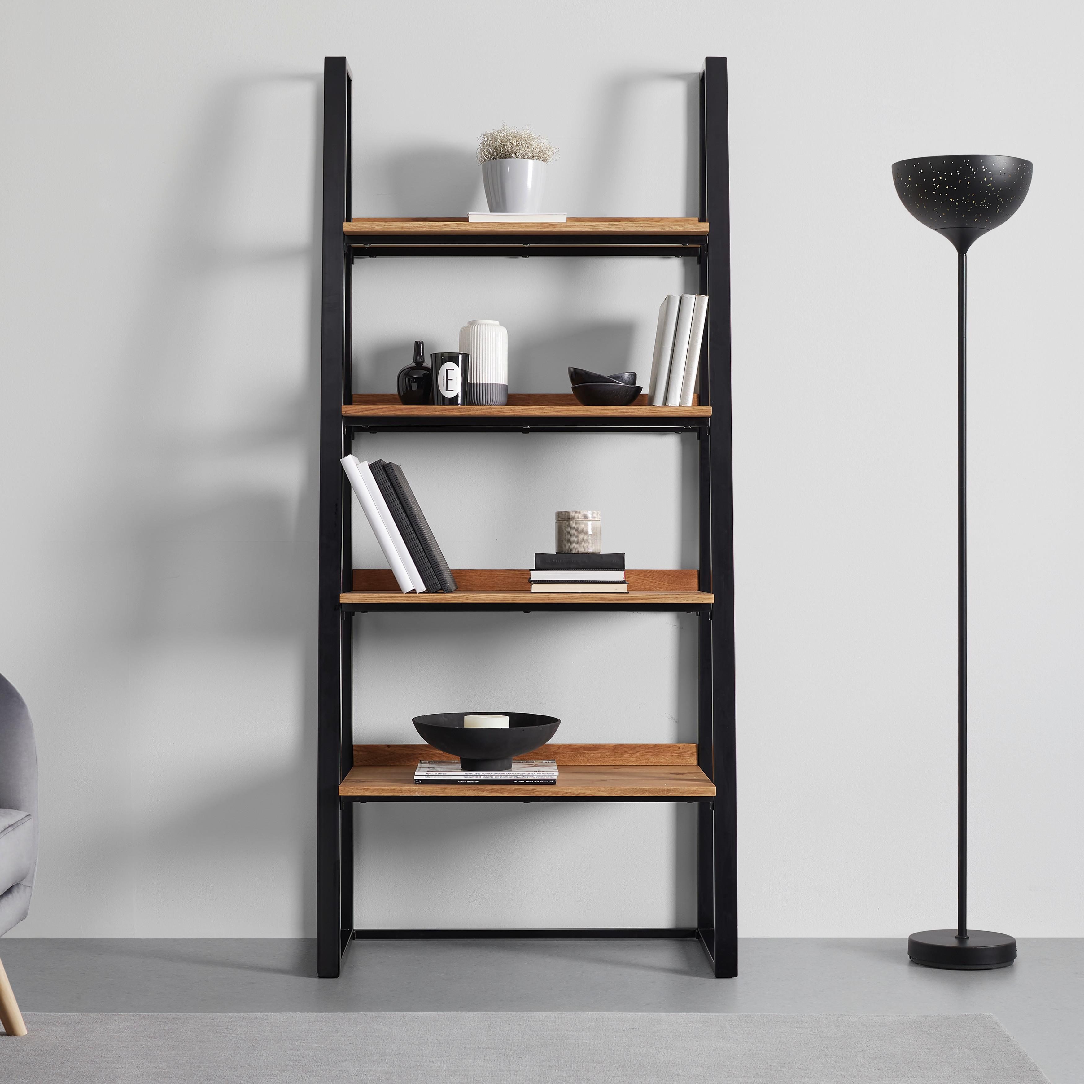 Standregal Massiveiche "Juno", aus Metall/Holz - Eichefarben/Schwarz, MODERN, Holz/Metall (90/200/40cm) - Bessagi Home