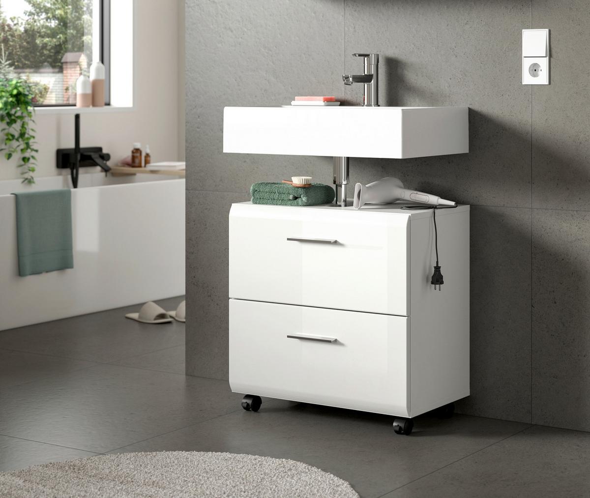 Waschbeckenunterschrank Ice Weiß/Weiß Hochglanz - Weiß Hochglanz/Silberfarben, Trend, Holzwerkstoff/Kunststoff (60/58/30cm) - MID.YOU