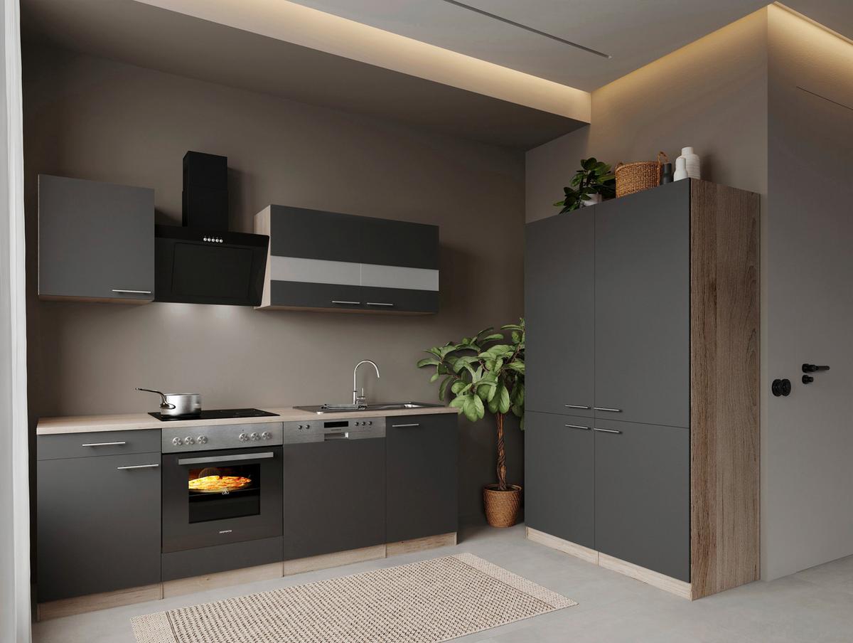 Küchenblock Merle m. Geräten Grau - Edelstahlfarben/Eichefarben, Trend, Holzwerkstoff/Metall (340cm) - Respekta