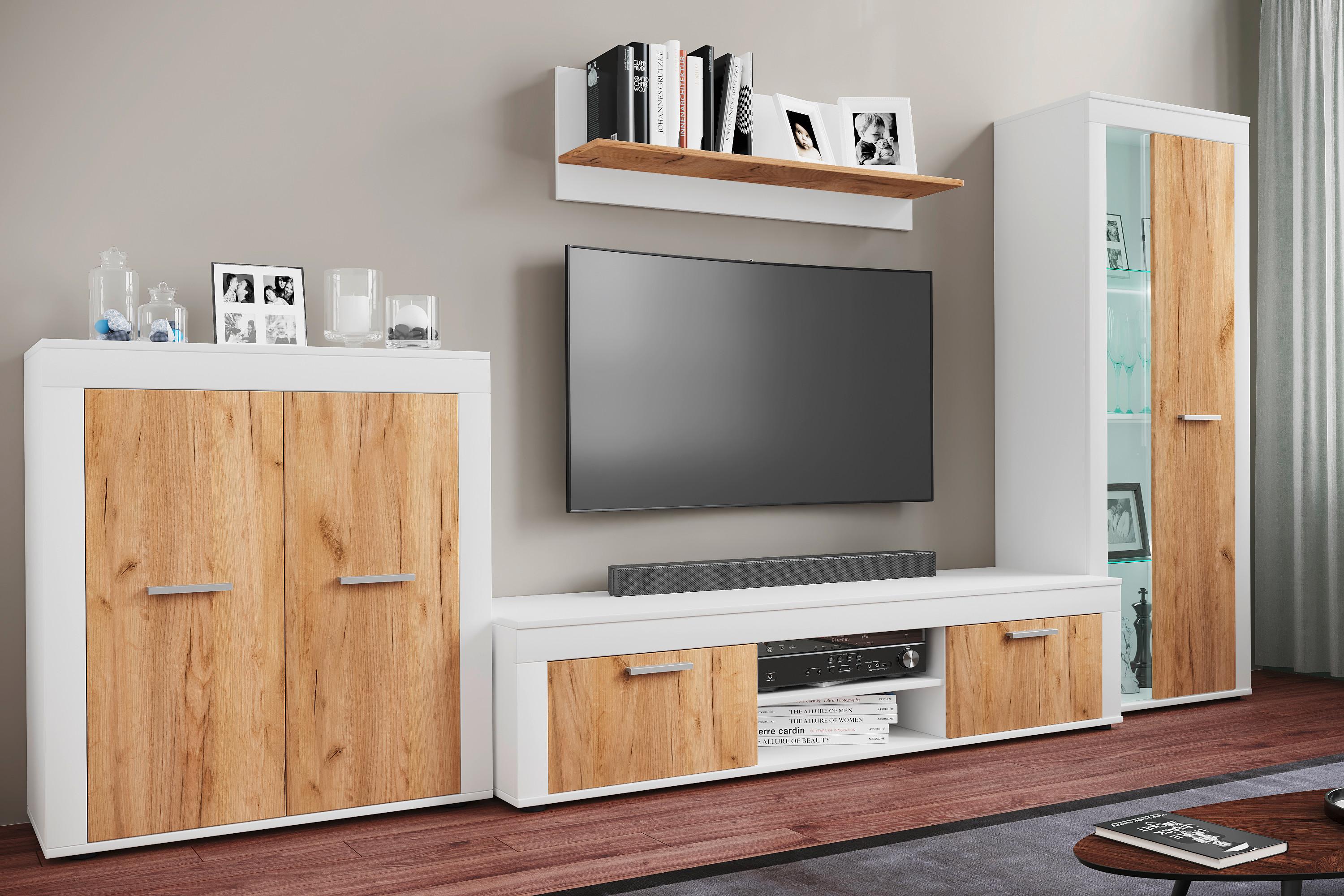 WOHNWAND USILO XL WW - Honigeiche/Weiss, Design, Glas/Holzwerkstoff (300/159/37cm) - MID.YOU
