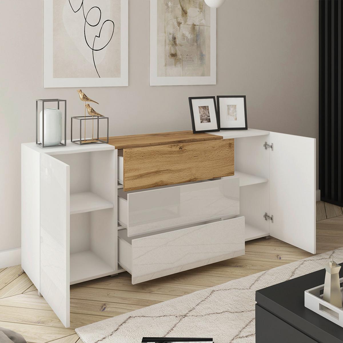 Sideboard Berlin 150 Weiß/Eiche Wotan - Eiche Wotan/Weiß, Design, Holzwerkstoff/Kunststoff (150/68/38,5cm) - P & B