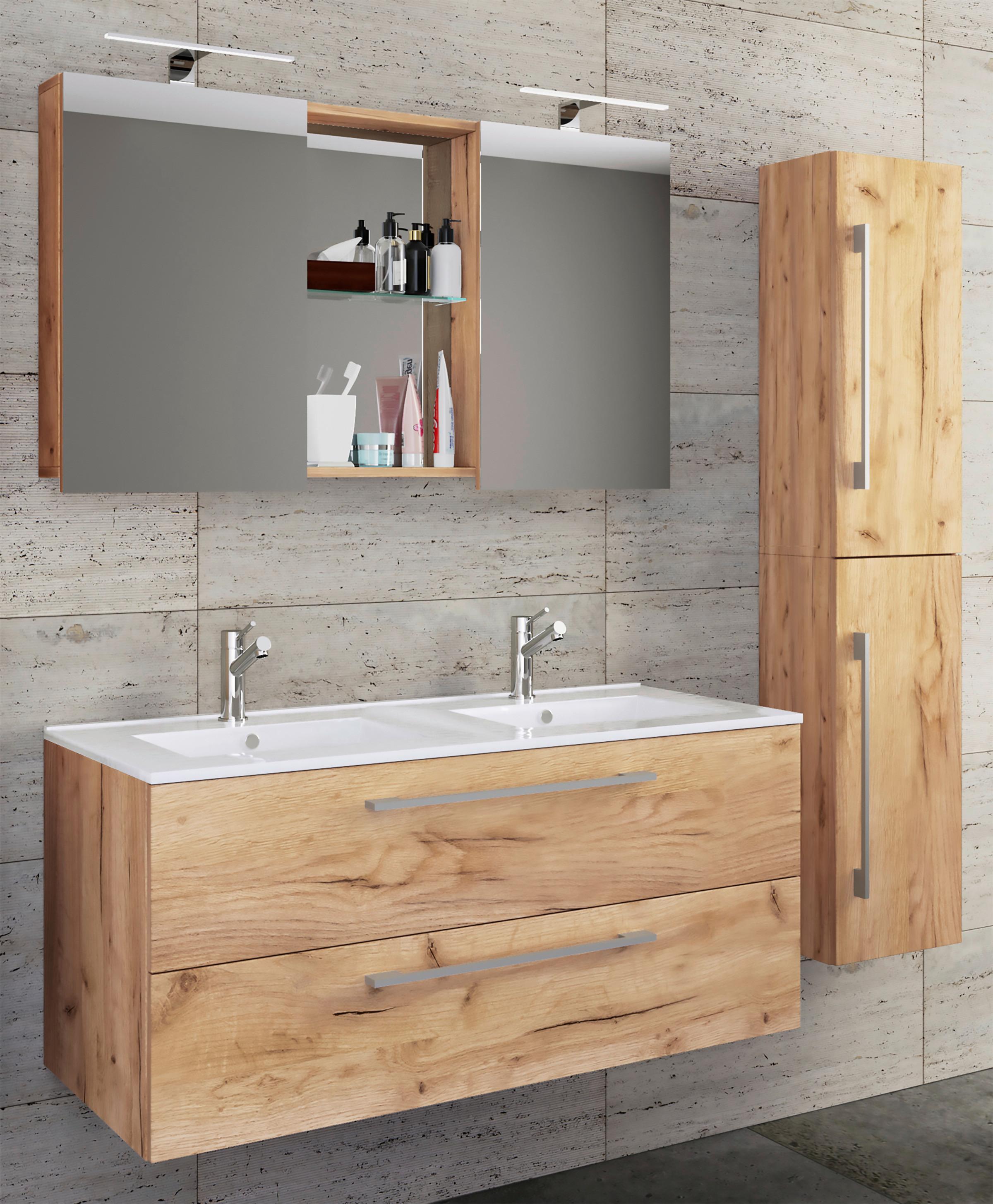 Kopalnica Budasi, Hrast - bela/barve aluminija, Moderno, kovina/leseni material (145cm) - MID.YOU