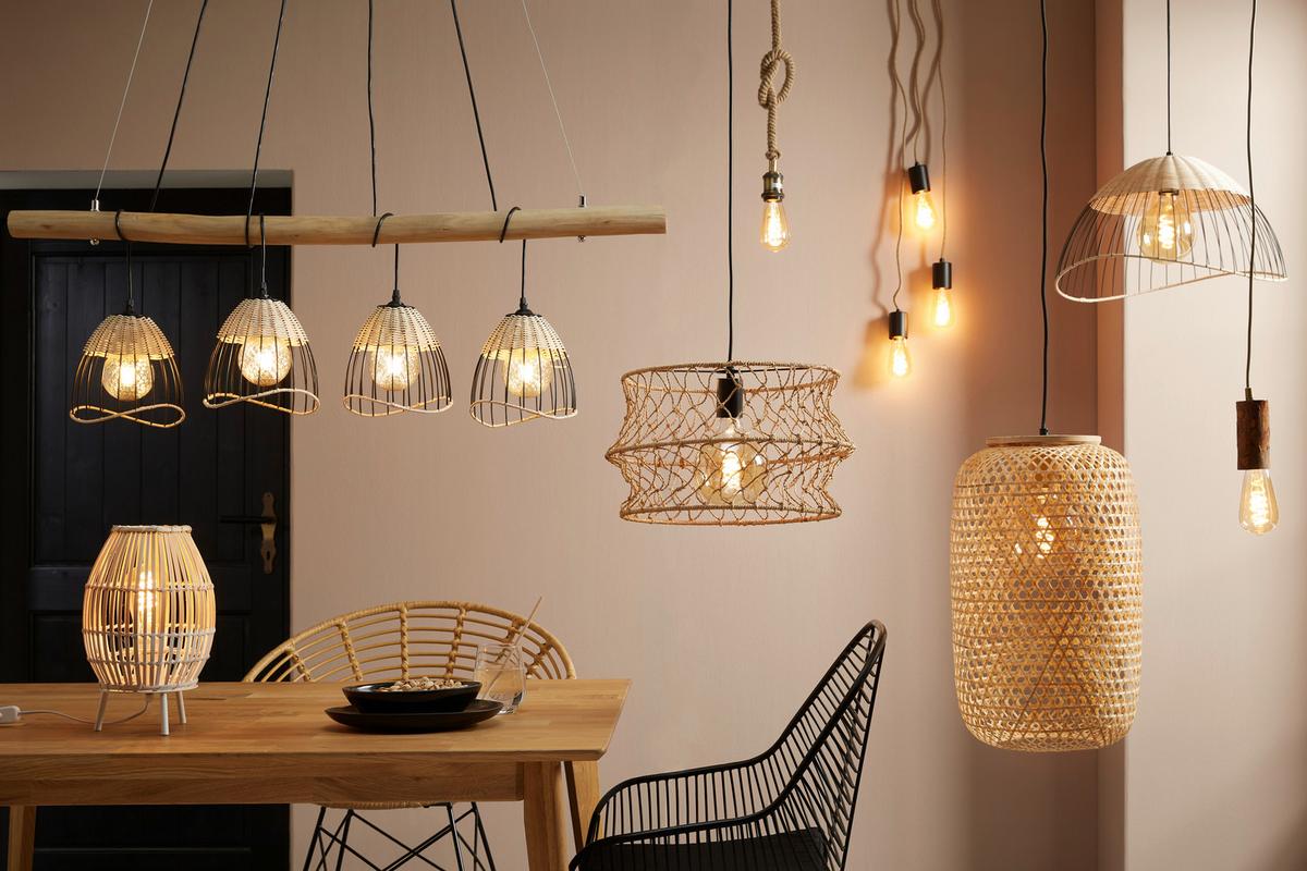 Hängeleuchte Mirena max. 60 Watt - Schwarz/Naturfarben, Naturmaterialien/Textil (31/135cm)