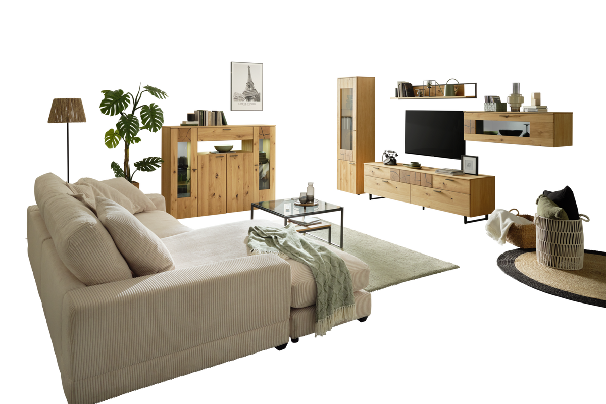 Highboard Stockholm in Eichefarben - Eichefarben/Schwarz, MODERN, Glas/Holzwerkstoff (154/130/41cm) - Premium Living