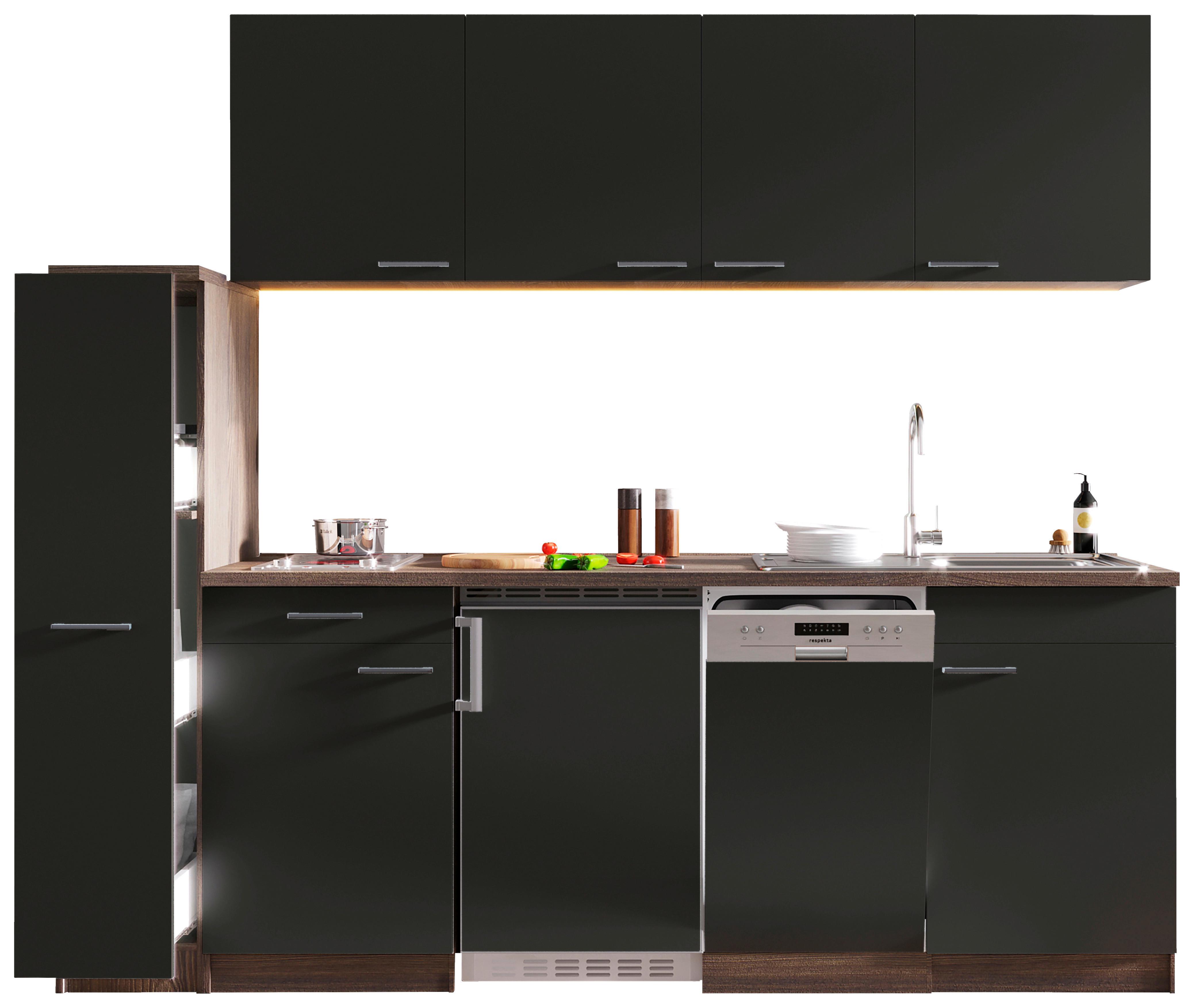 Küchenblock Oliver mit Geräten ca. 225 cm Grau - Eichefarben/Alufarben, Basics, Holzwerkstoff/Kunststoff (225cm) - Respekta